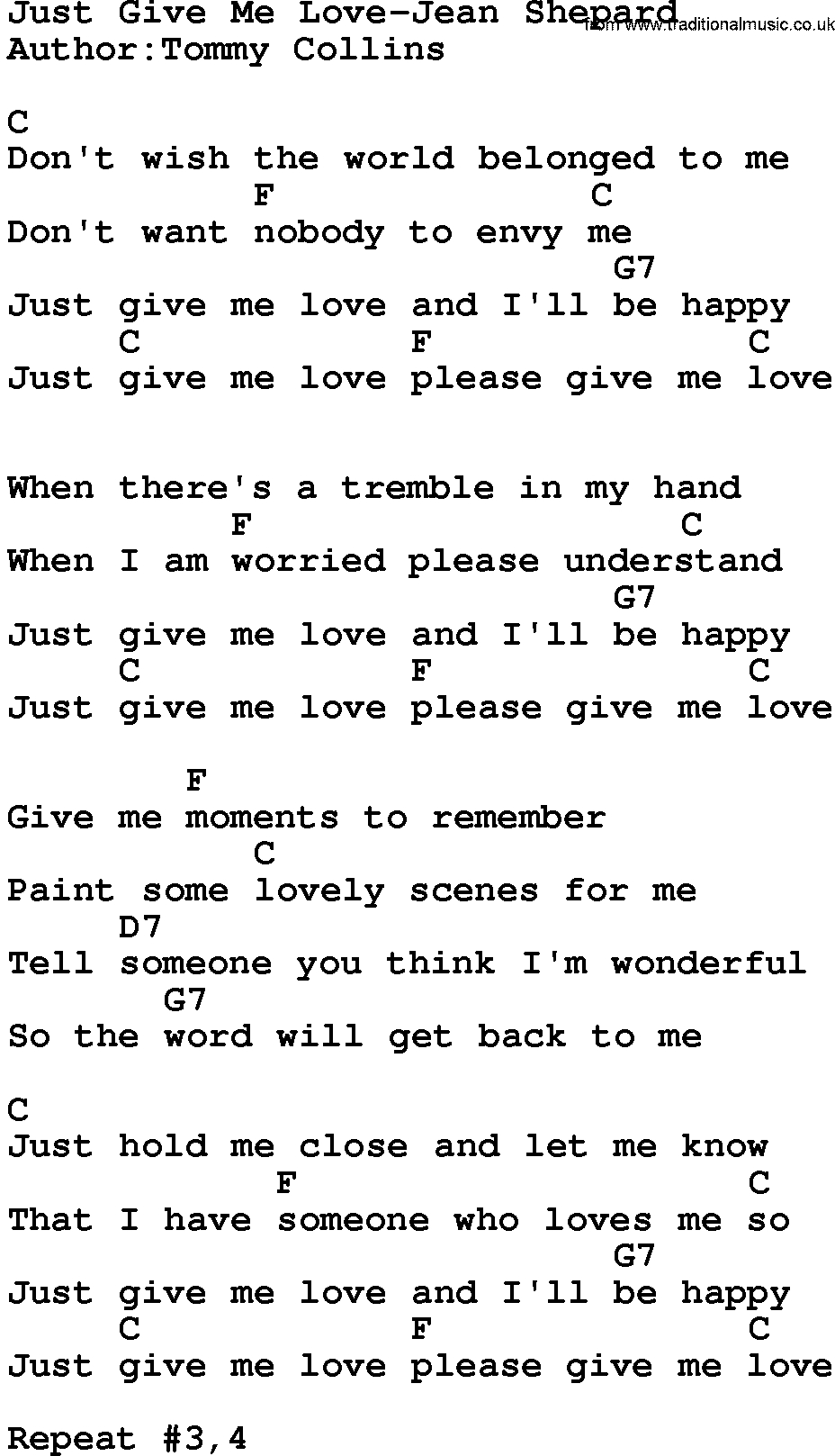 Give Me Love Chords Country Musicjust Give Me Love Jean Shepard Lyrics And Chords
