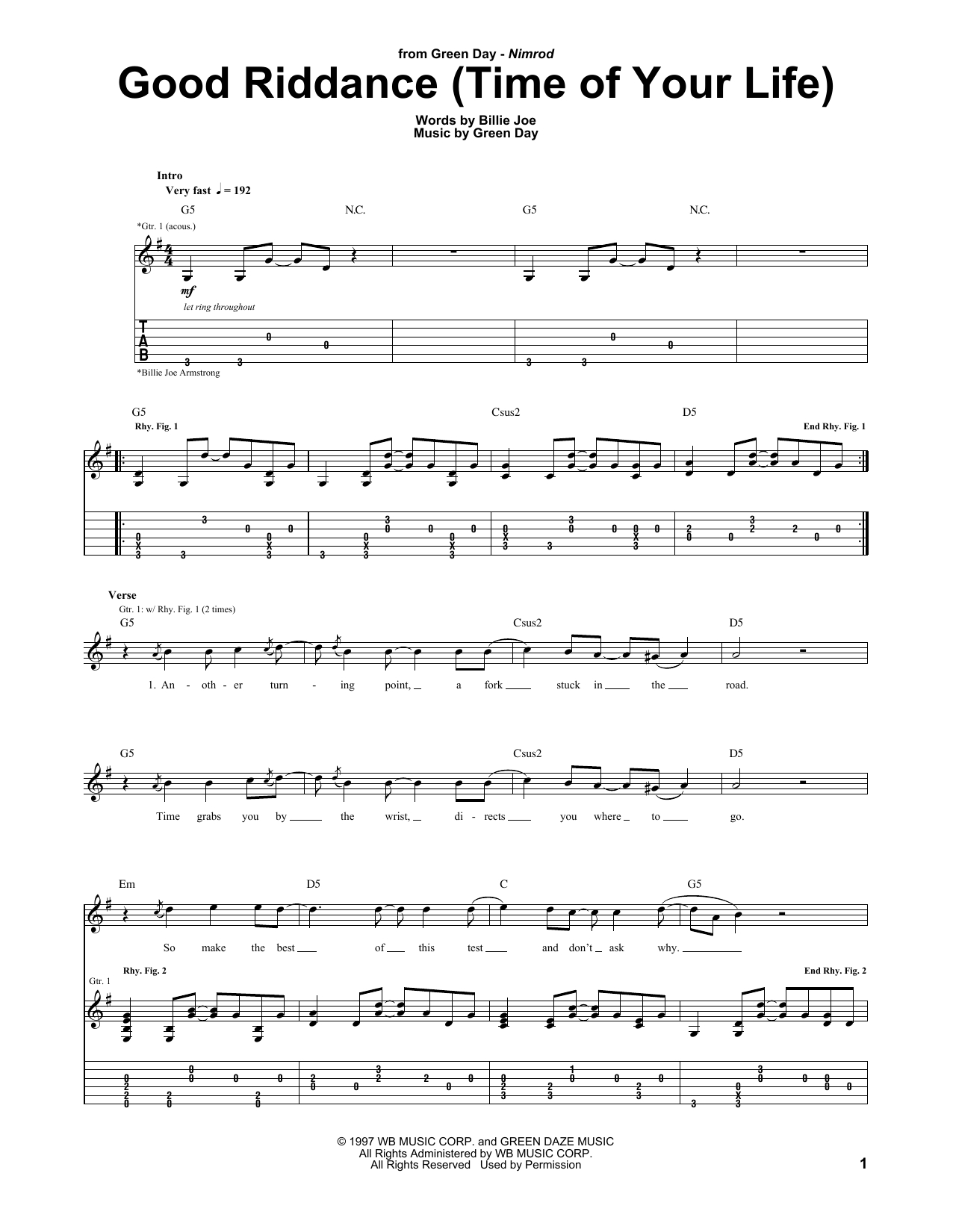 Good Riddance Chords Good Riddance Time Of Your Life Green Day Guitar Tab Guitar