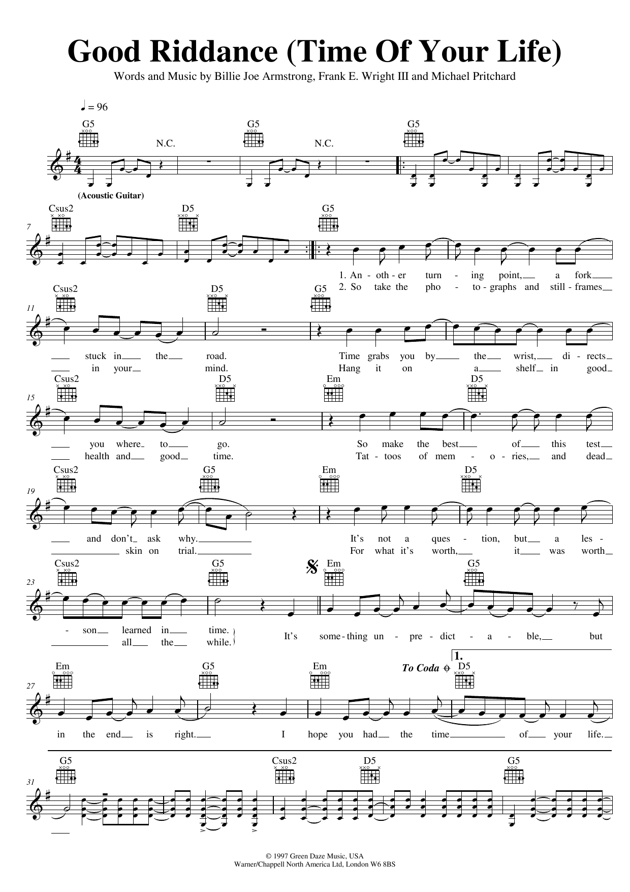 Good Riddance Chords Good Riddance Time Of Your Life Green Day Piano Vocal Guitar Right Hand Melody Digital Sheet Music