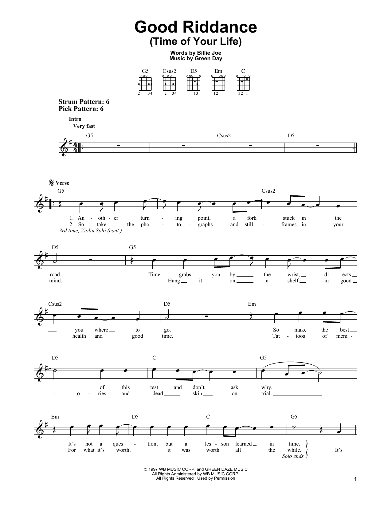 Good Riddance Chords Green Day Good Riddance Time Of Your Life Sheet Music Notes Chords