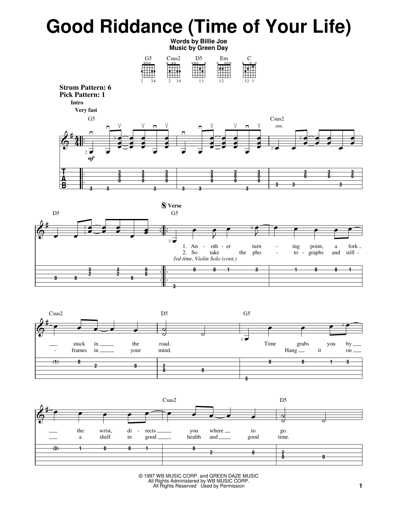 Good Riddance Chords Sheet Music Digital Files To Print Licensed Green Day Digital