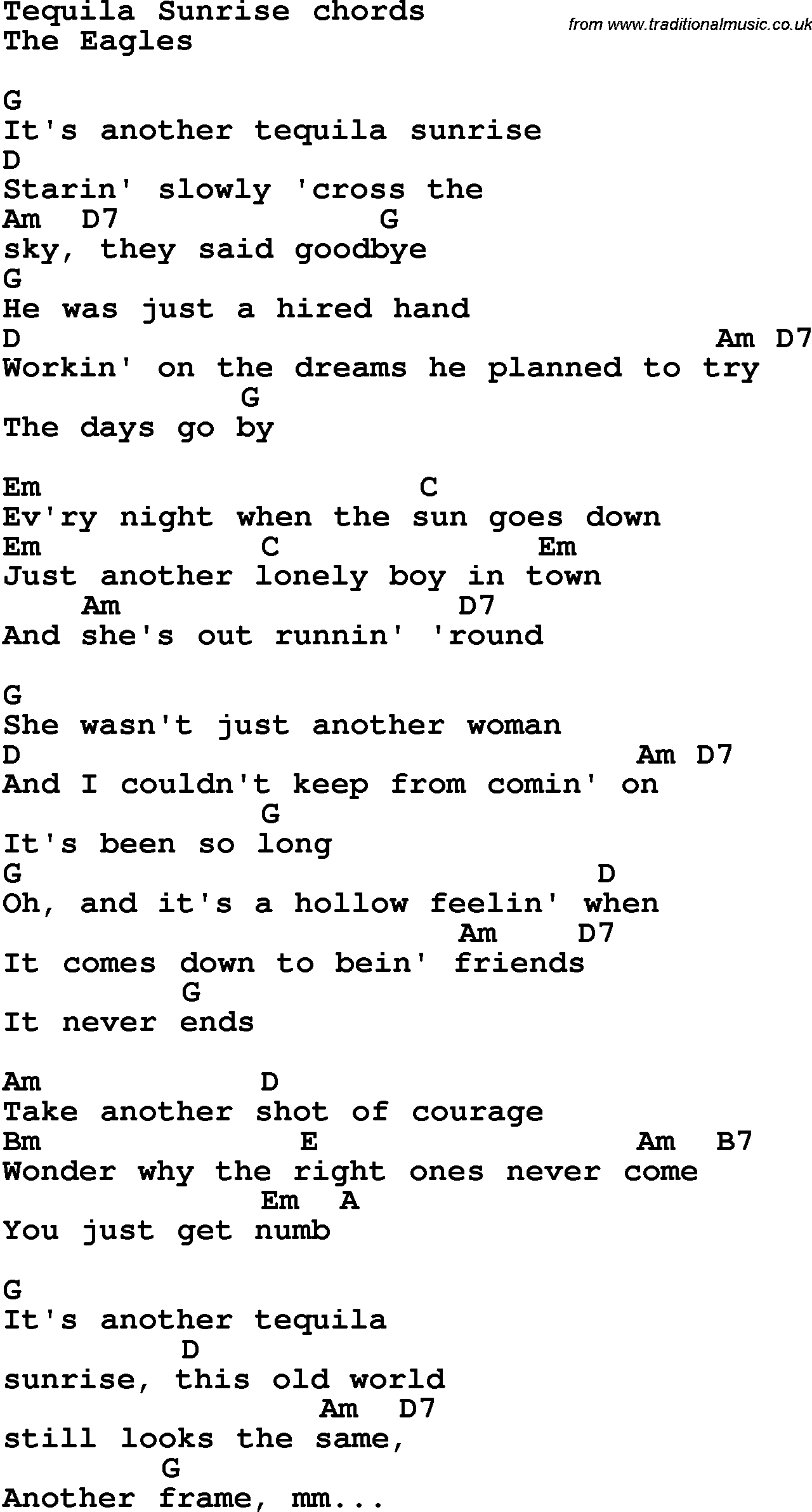 Guitar Chords Songs Song Lyrics With Guitar Chords For Tequila Sunrise The Eagles