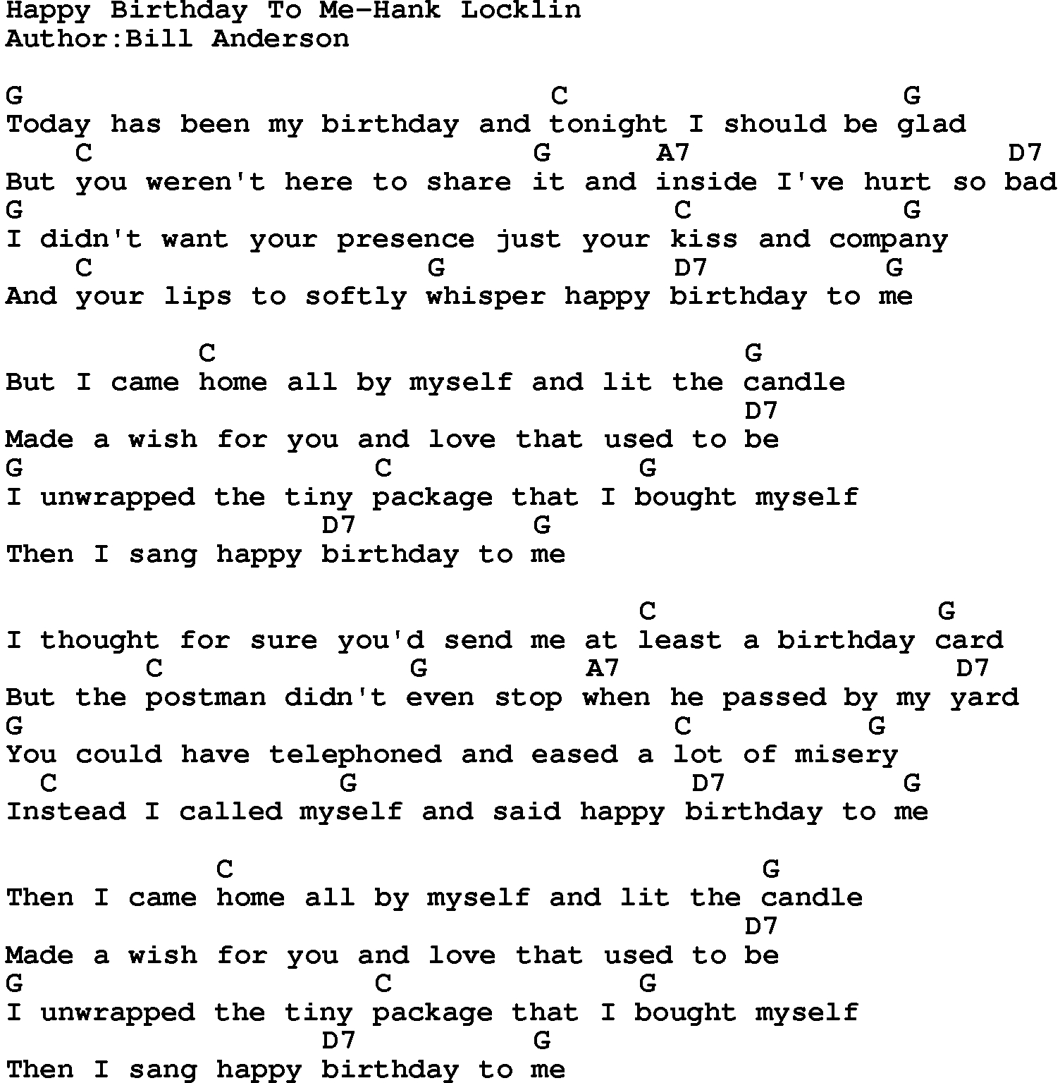 Happy Birthday Chords Country Musichappy Birthday To Me Hank Locklin Lyrics And Chords