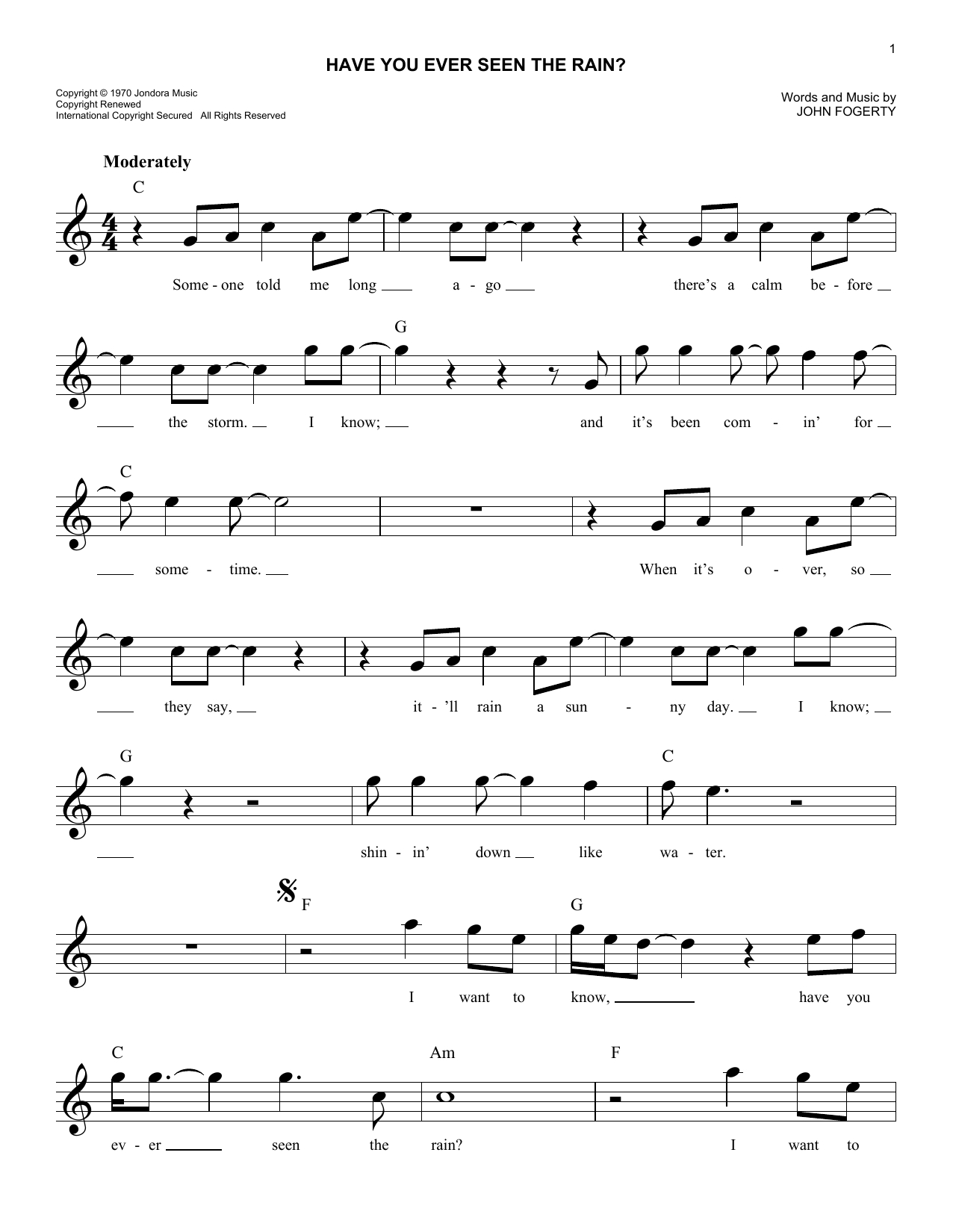 Have You Ever Seen The Rain Chords Have You Ever Seen The Rain Creedence Clearwater Revival Piano Vocal Guitar Right Hand Melody Digital Sheet Music