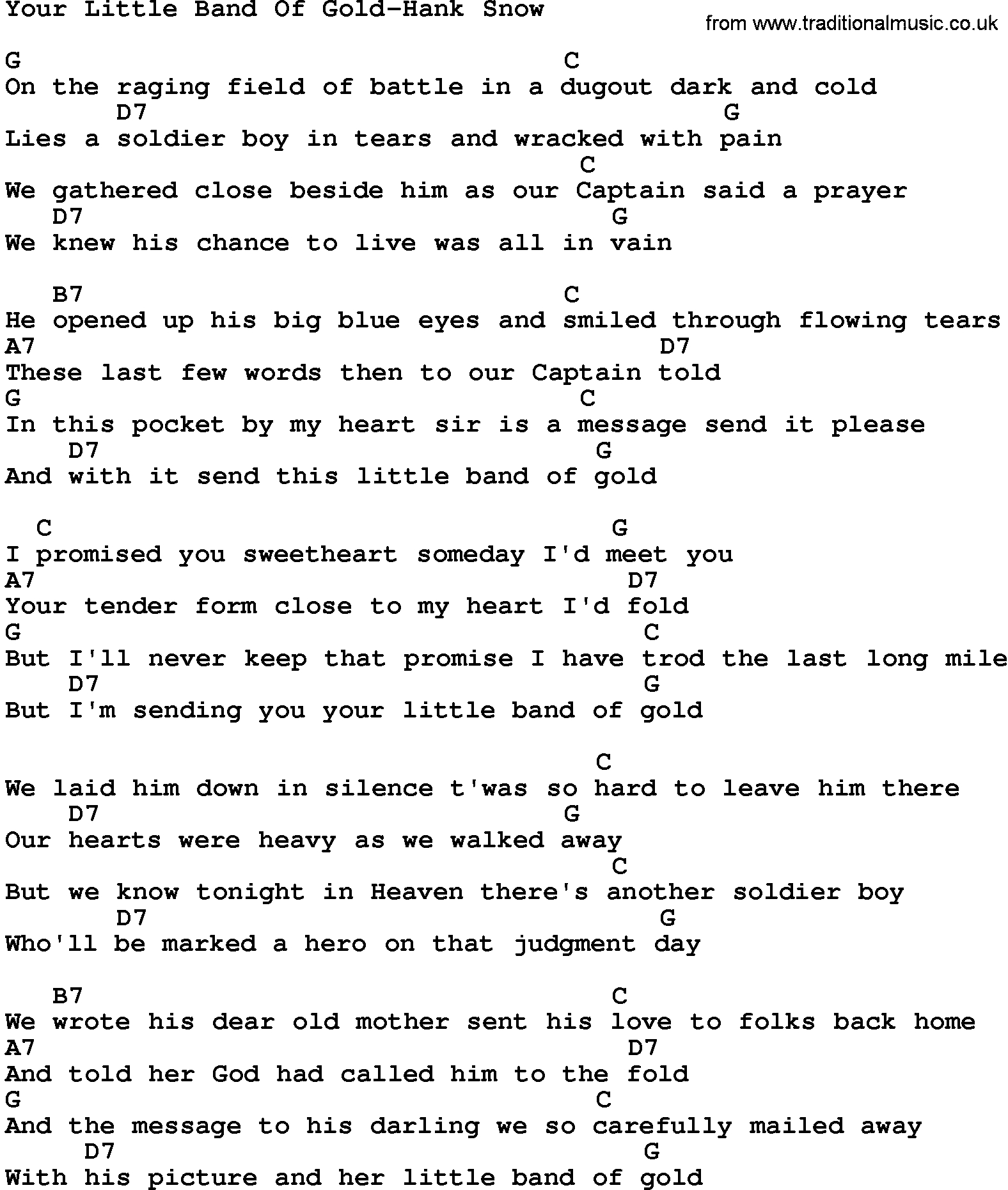 Heart Of Gold Chords Country Musicyour Little Band Of Gold Hank Snow Lyrics And Chords