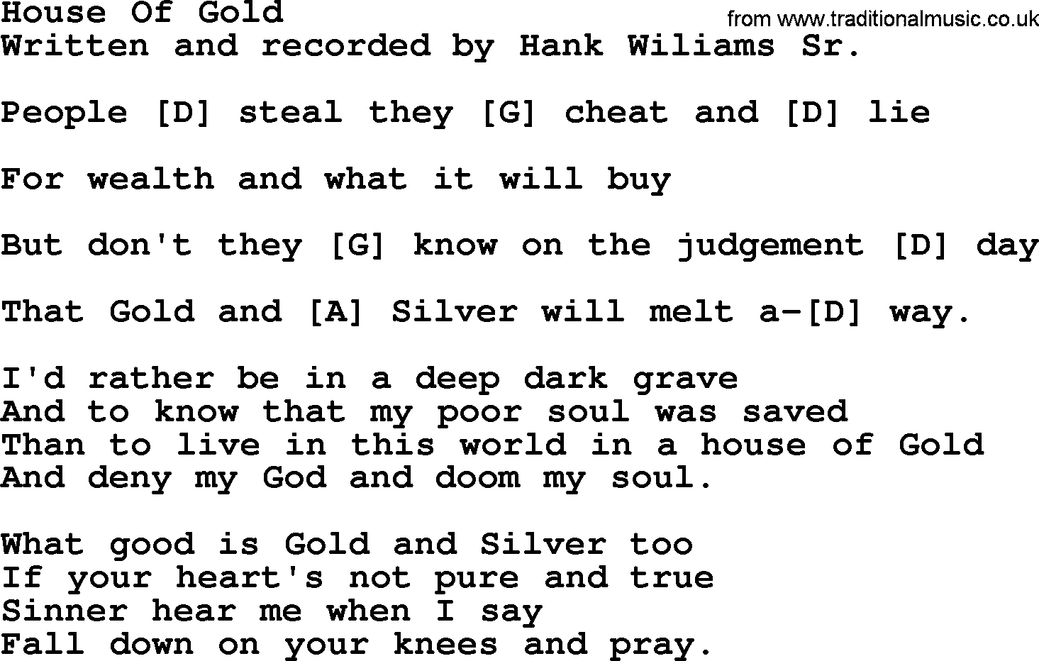 Heart Of Gold Chords Hank Williams Song House Of Gold Lyrics And Chords