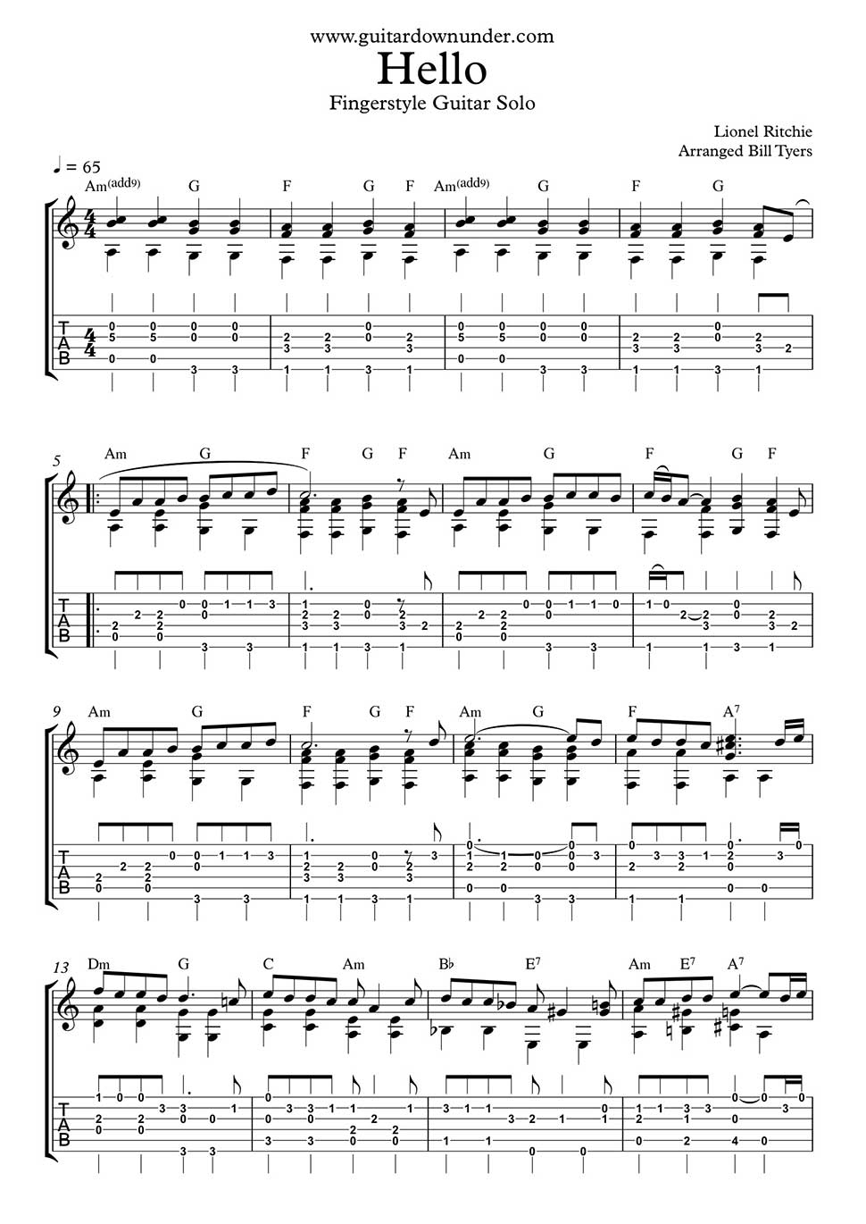 Hello Piano Chords Hello Lionel Ritchie Sheet Music Tab For Fingerstyle Guitar Solo