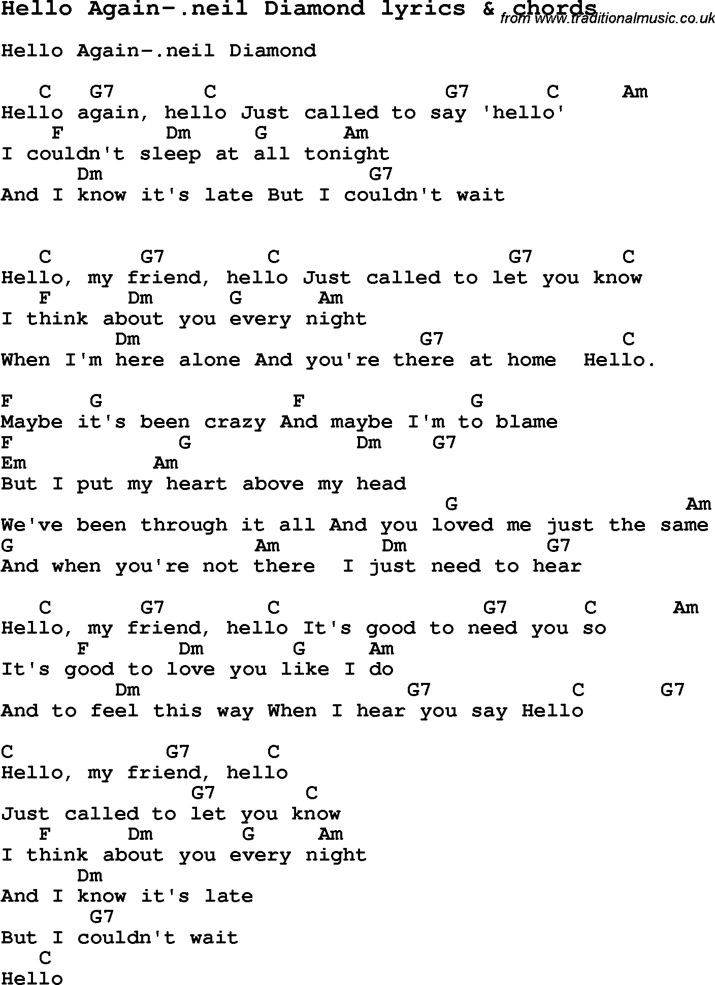 Hello Piano Chords Love Song Lyrics Forhello Again Neil Diamond With Chords