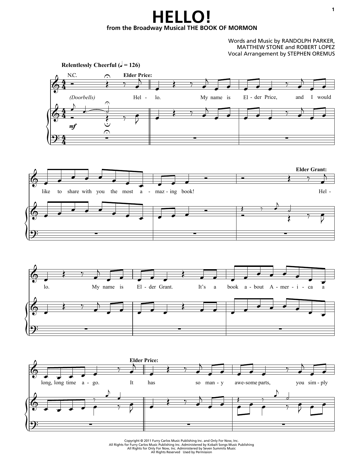 Hello Piano Chords Trey Parker Matt Stone Hello From The Book Of Mormon Sheet Music Notes Chords Download Printable Piano Vocal Sku 198851