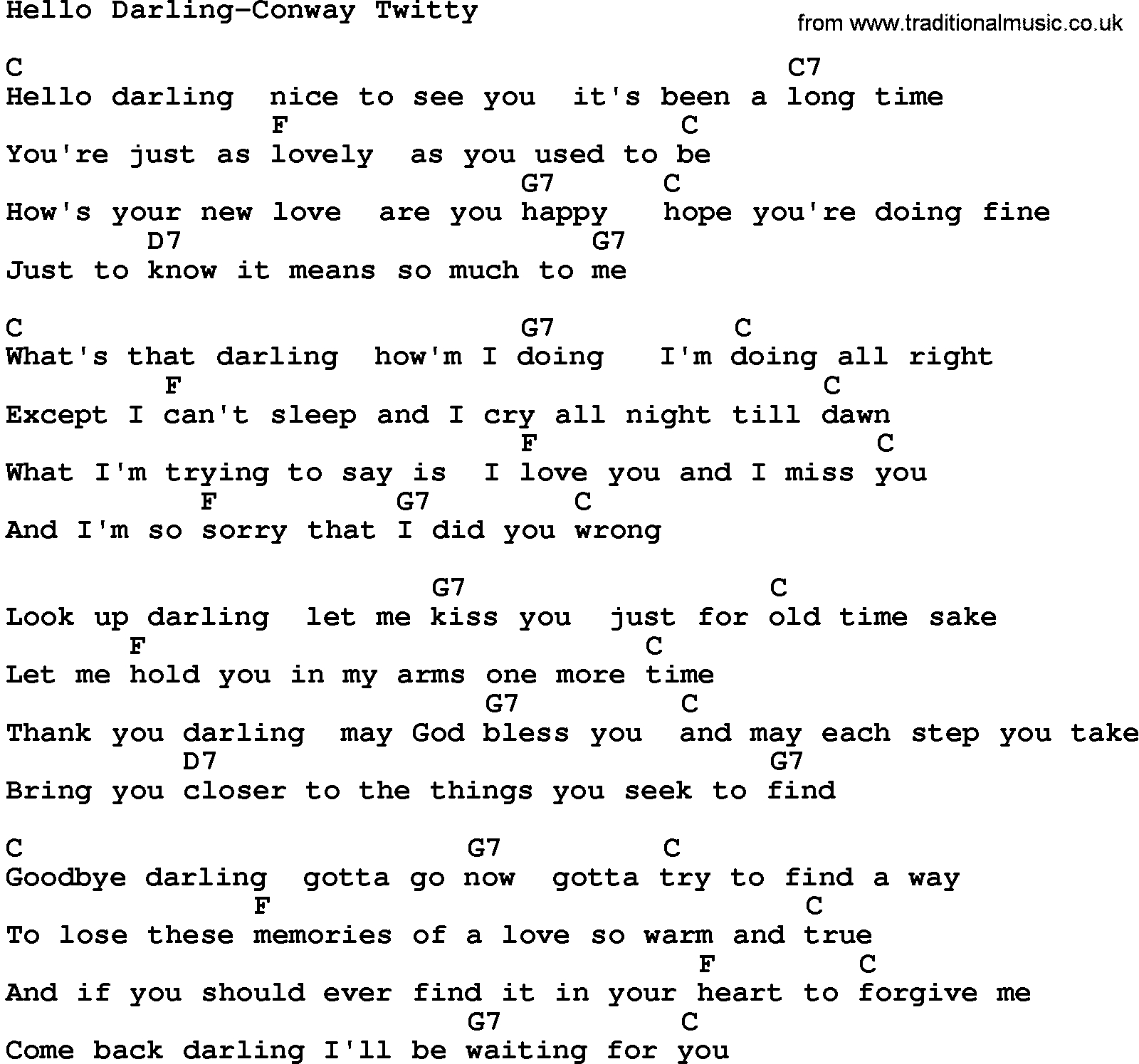 Hello Ukulele Chords Country Musichello Darling Conway Twitty Lyrics And Chords