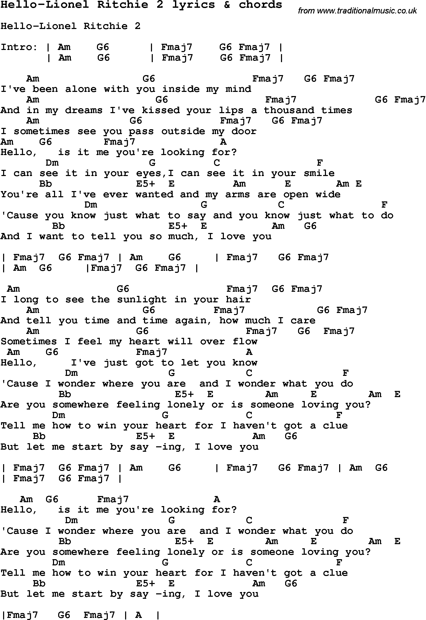 Hello Ukulele Chords Love Song Lyrics Forhello Lionel Ritchie 2 With Chords