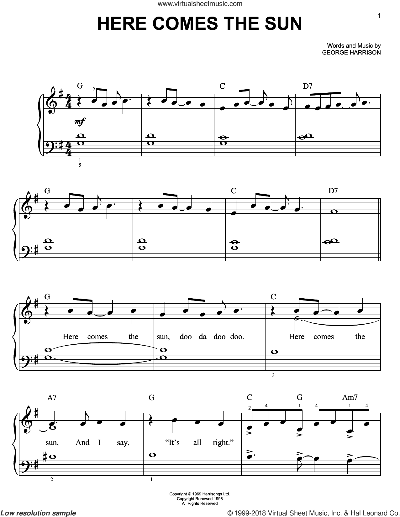 Here Comes The Sun Chords Beatles Here Comes The Sun Easy Sheet Music For Piano Solo