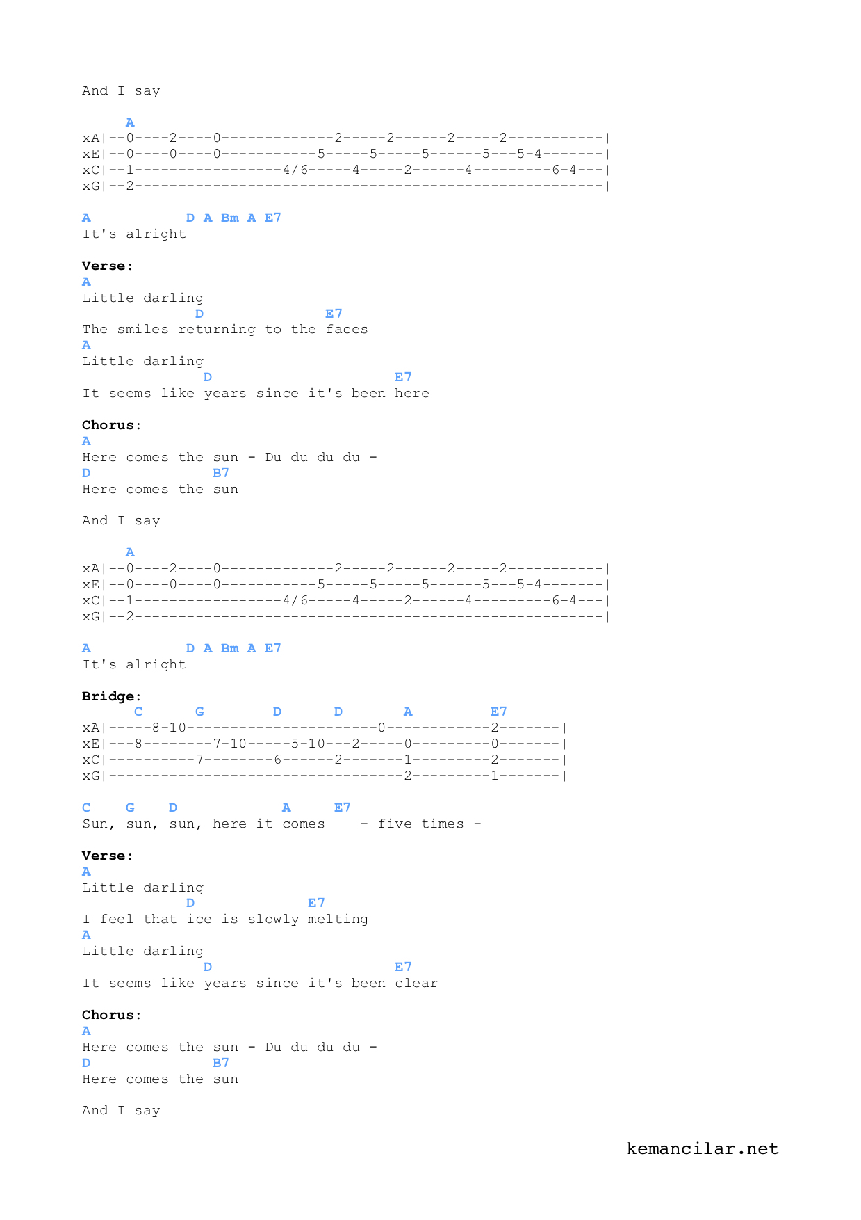 Here Comes The Sun Chords Here Comes The Sun Ukulele Chords Free Sheet Music
