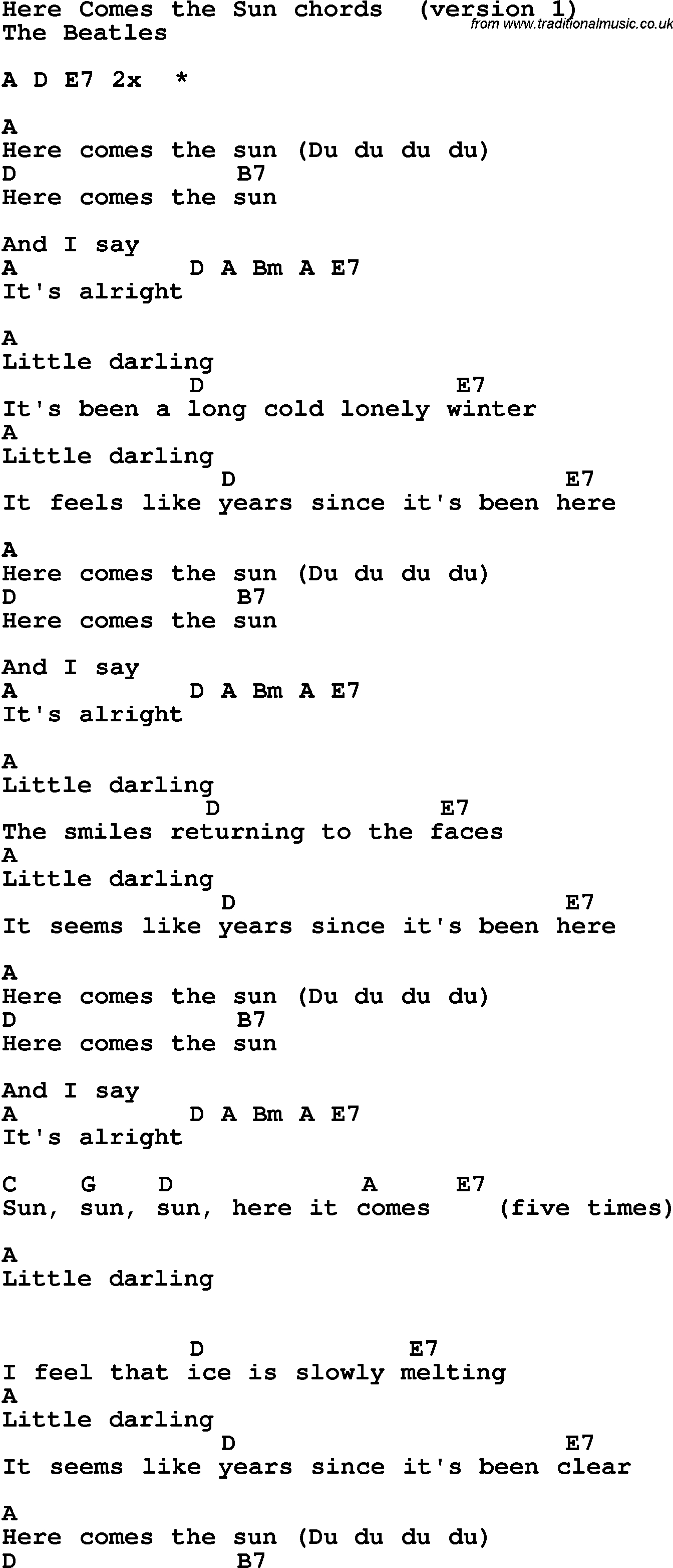 Here Comes The Sun Chords Song Lyrics With Guitar Chords For Here Comes The Sun The Beatles