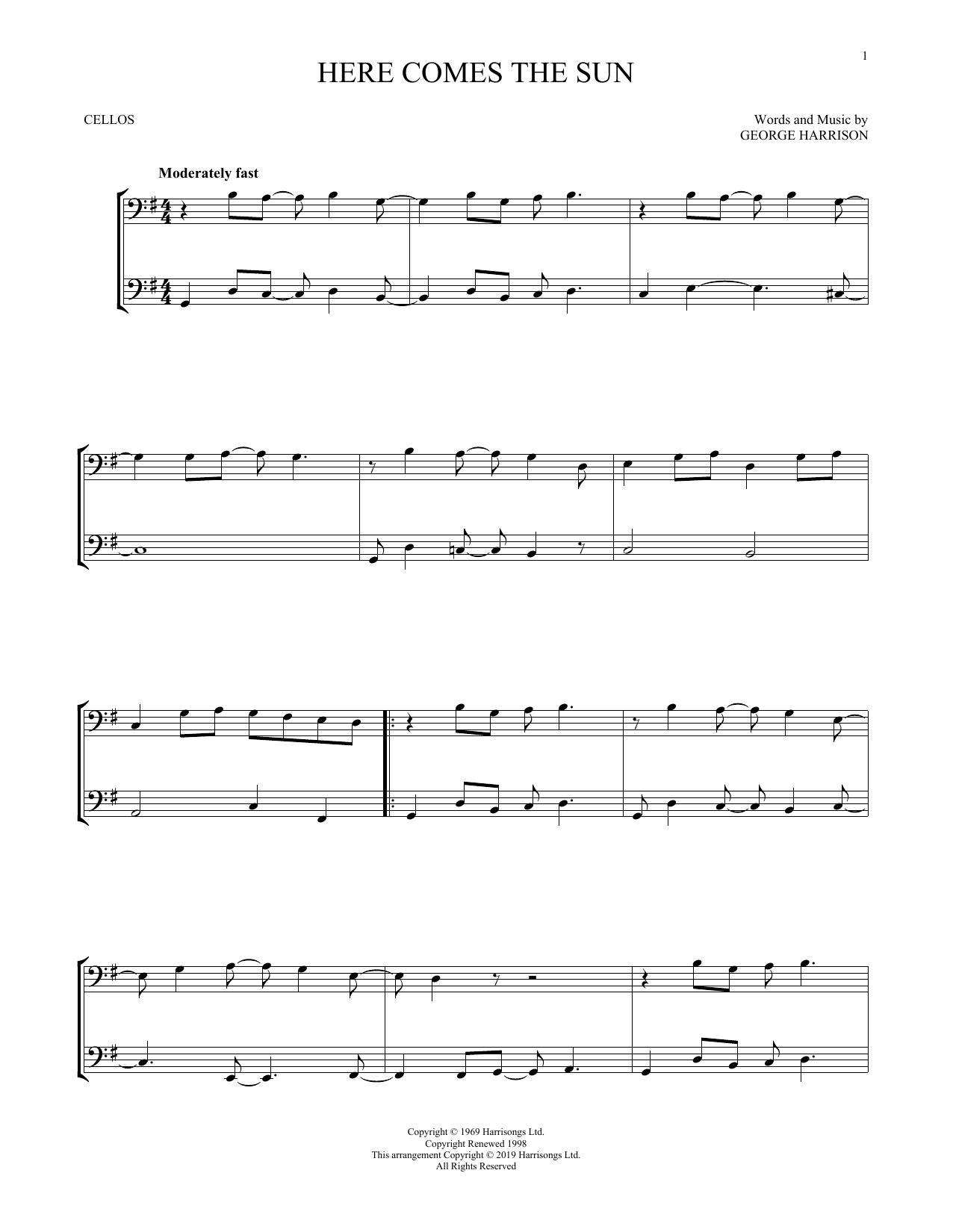 Here Comes The Sun Chords The Beatles Here Comes The Sun Sheet Music Notes Chords Download Printable Cello Duet Sku 412449