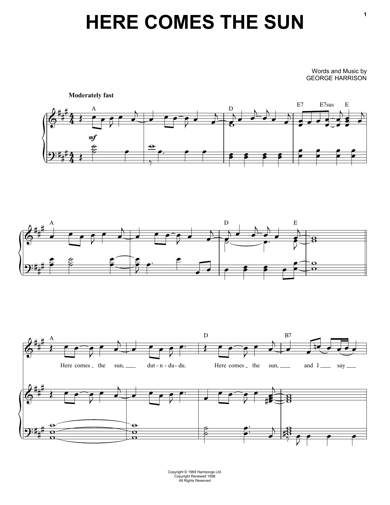 Here Comes The Sun Chords The Beatles Here Comes The Sun Sheet Music Notes Chords Download Printable Piano Vocal Sku 90971