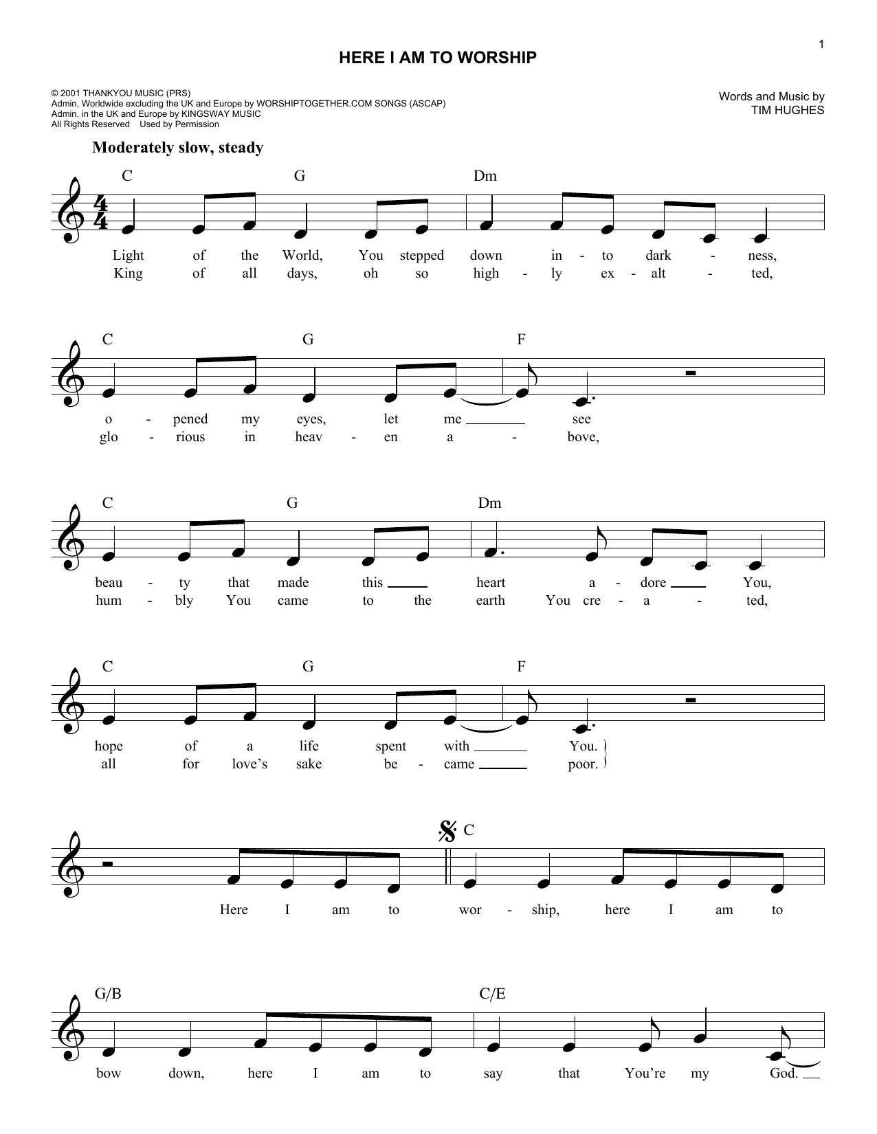Here I Am To Worship Chords Here I Am To Worship Light Of The World Tim Hughes Lead Sheet Fake Book Digital Sheet Music