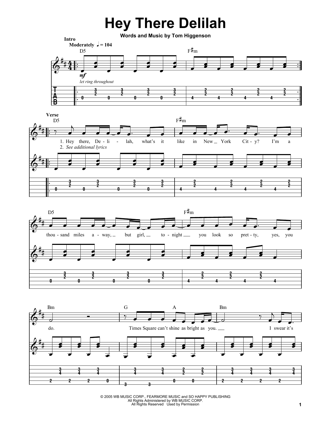 Hey There Delilah Chords Hey There Delilah Plain White Ts Easy Guitar Tab Guitar