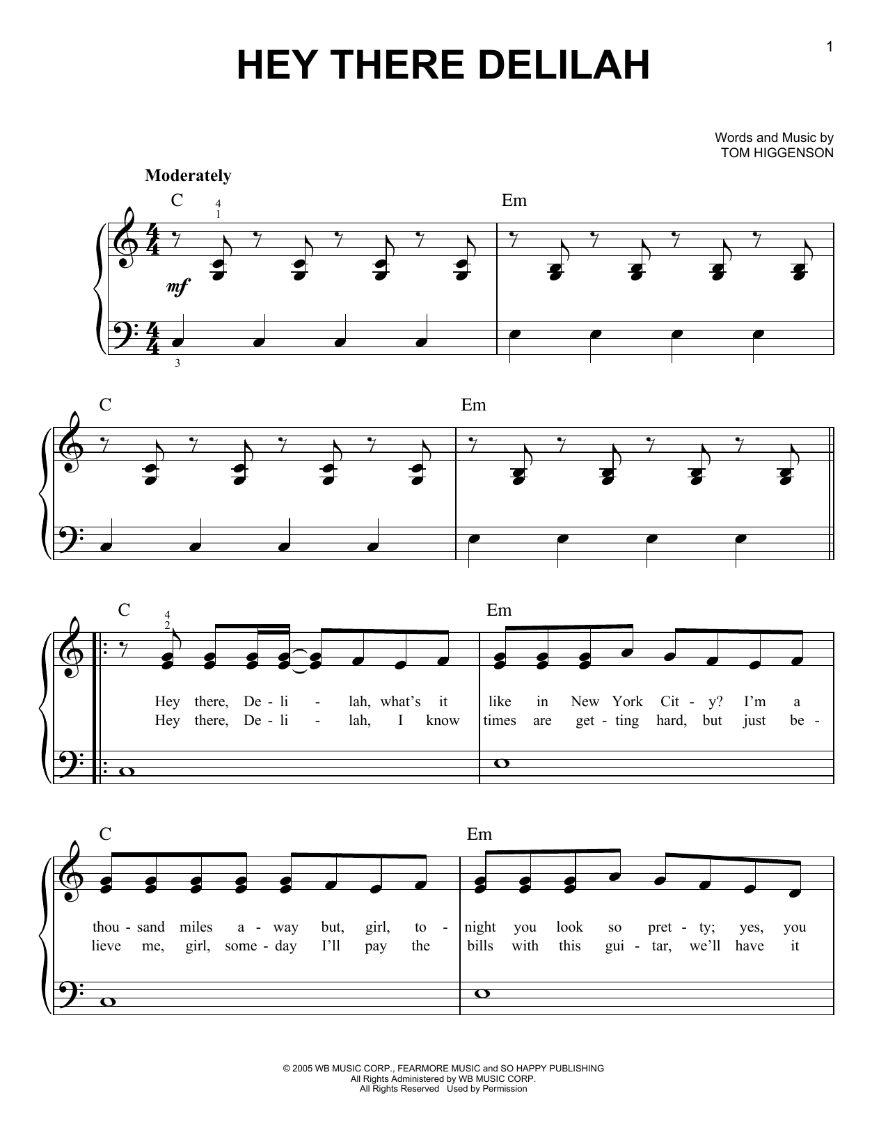 Hey There Delilah Chords Sheet Music Digital Files To Print Licensed Plain White Ts Digital