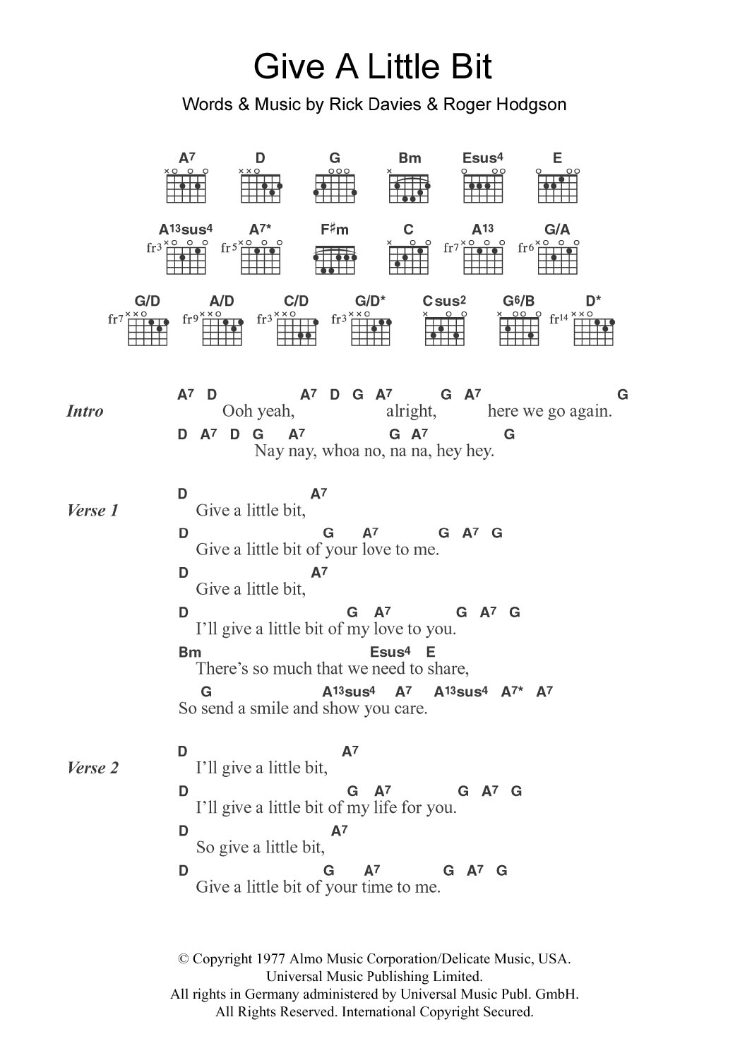 Hey Ya Chords Give A Little Bit Supertramp Piano Vocal Guitar Right Hand Melody Digital Sheet Music