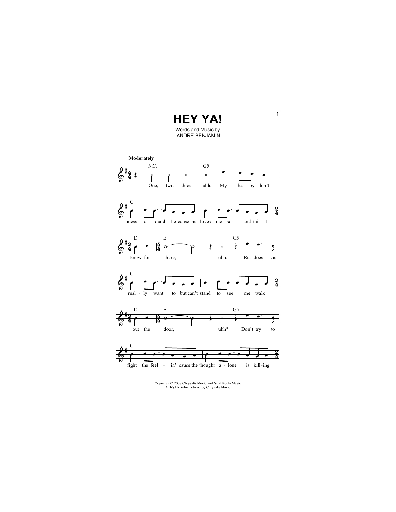 Hey Ya Chords Hey Ya Outkast Piano Vocal Guitar Right Hand Melody Digital Sheet Music