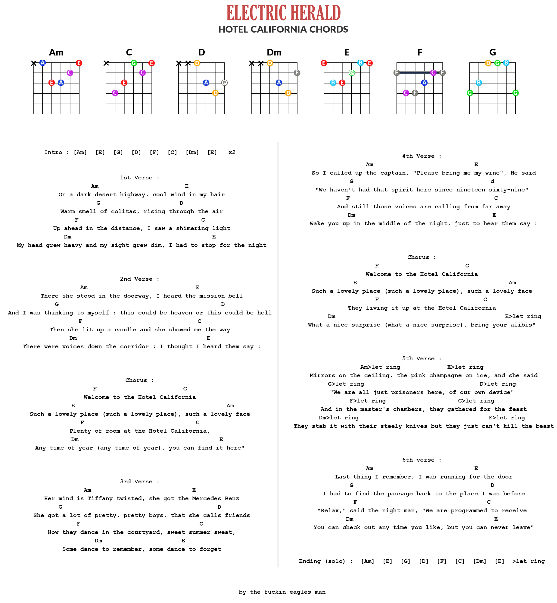 Hotel California Chords Online Guitar Chords Chart Free App Electric Herald