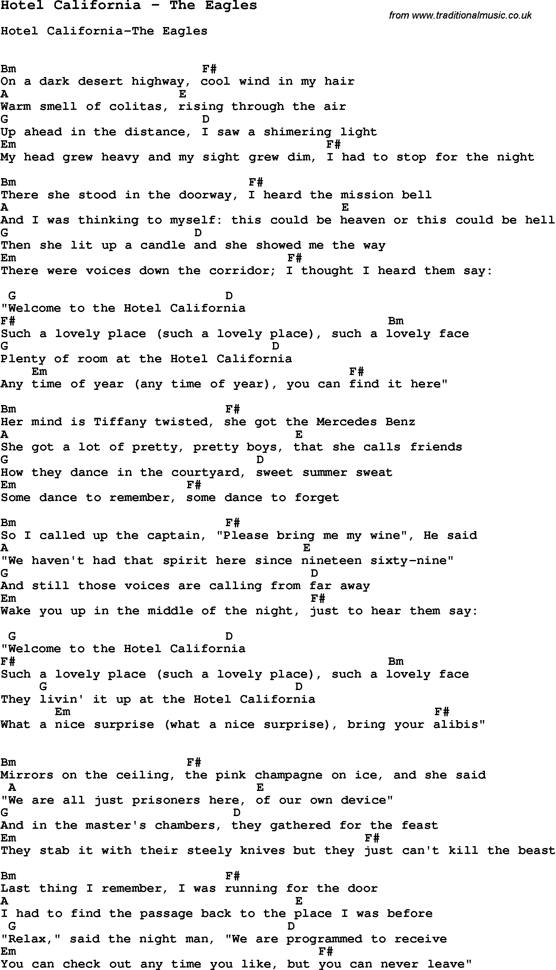 Hotel California Chords Song Hotel California The Eagles Song Lyric For Vocal