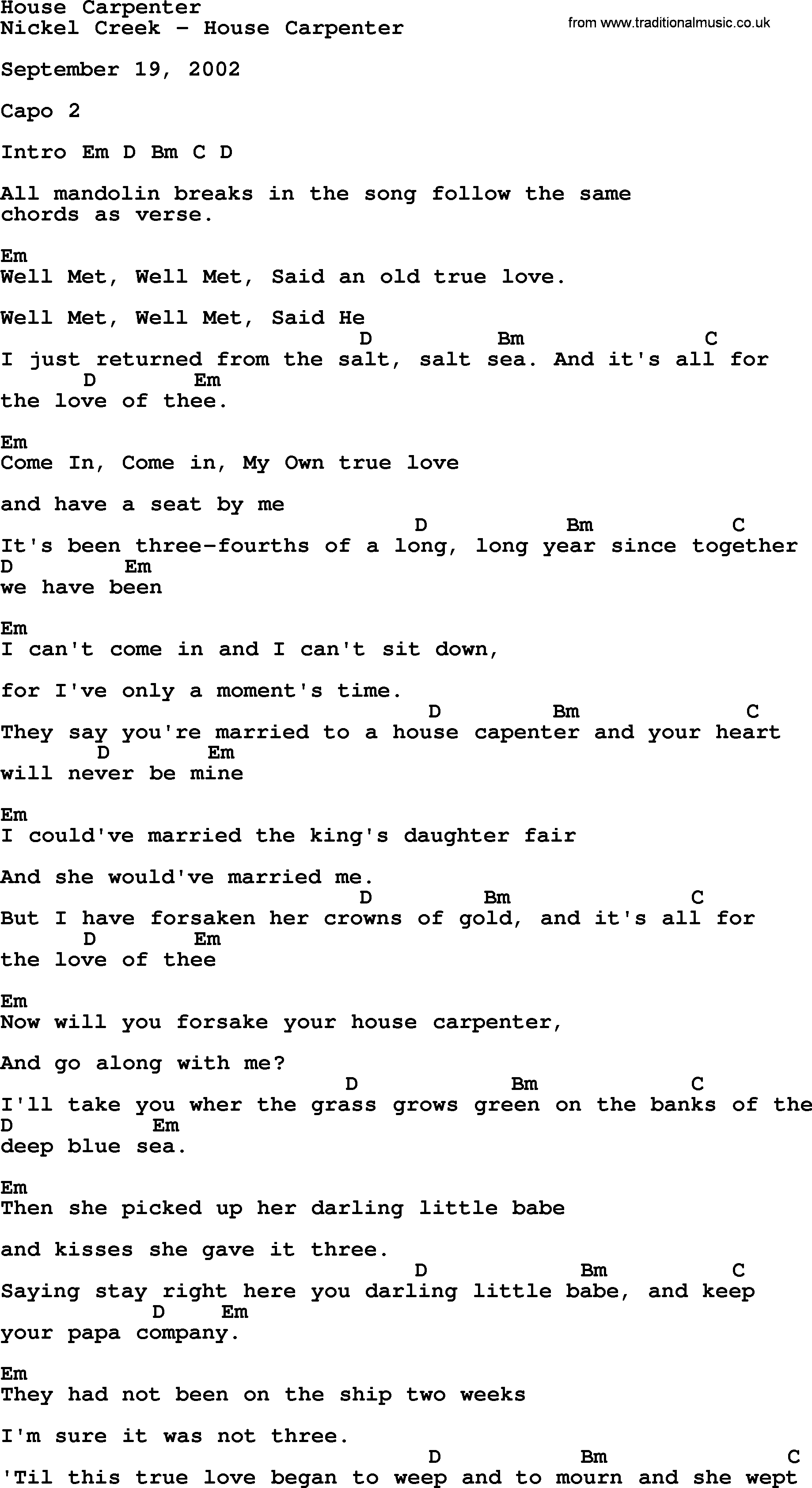 House Of Gold Chords House Carpenter Bluegrass Lyrics With Chords