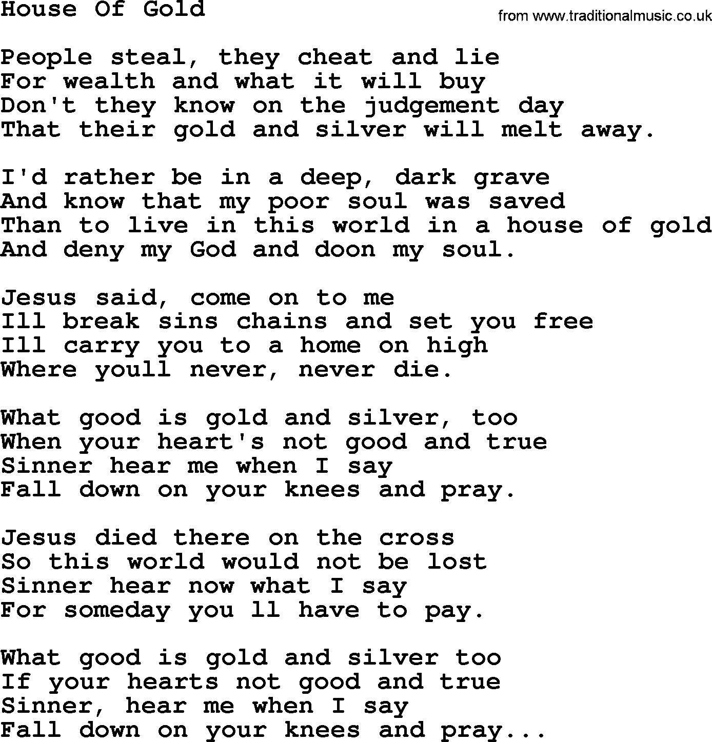 House Of Gold Ukulele Chords Hank Williams Song House Of Gold Lyrics