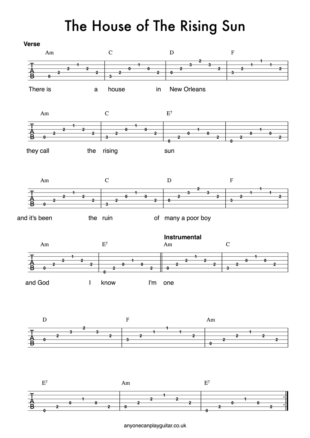 House Of The Rising Sun Chords 25 Song The House Of The Rising Sun Anyone Can Play Guitar
