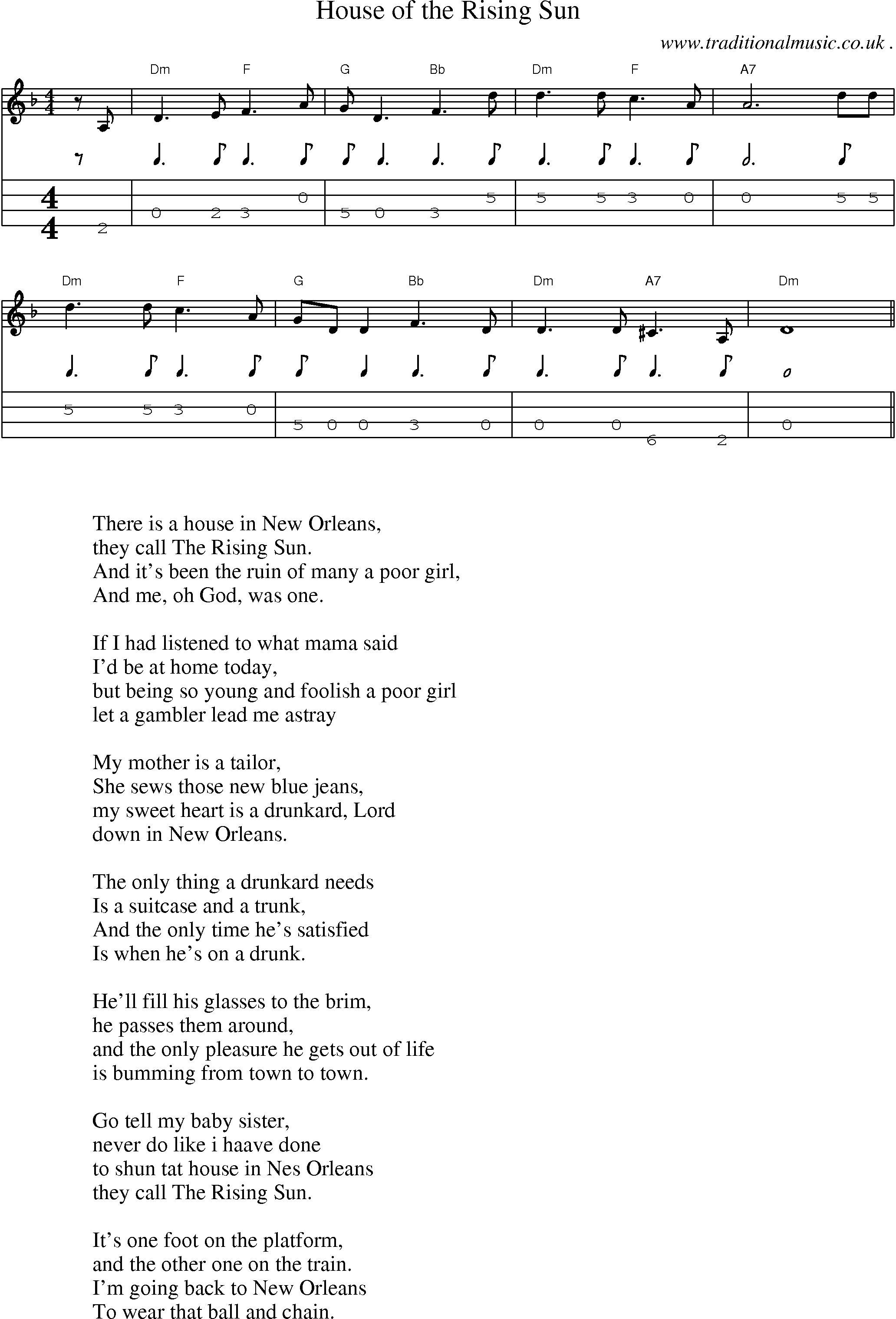 House Of The Rising Sun Chords Common Session Tunes Sheetmusic Tabs For Mandolin Midi And Mp3