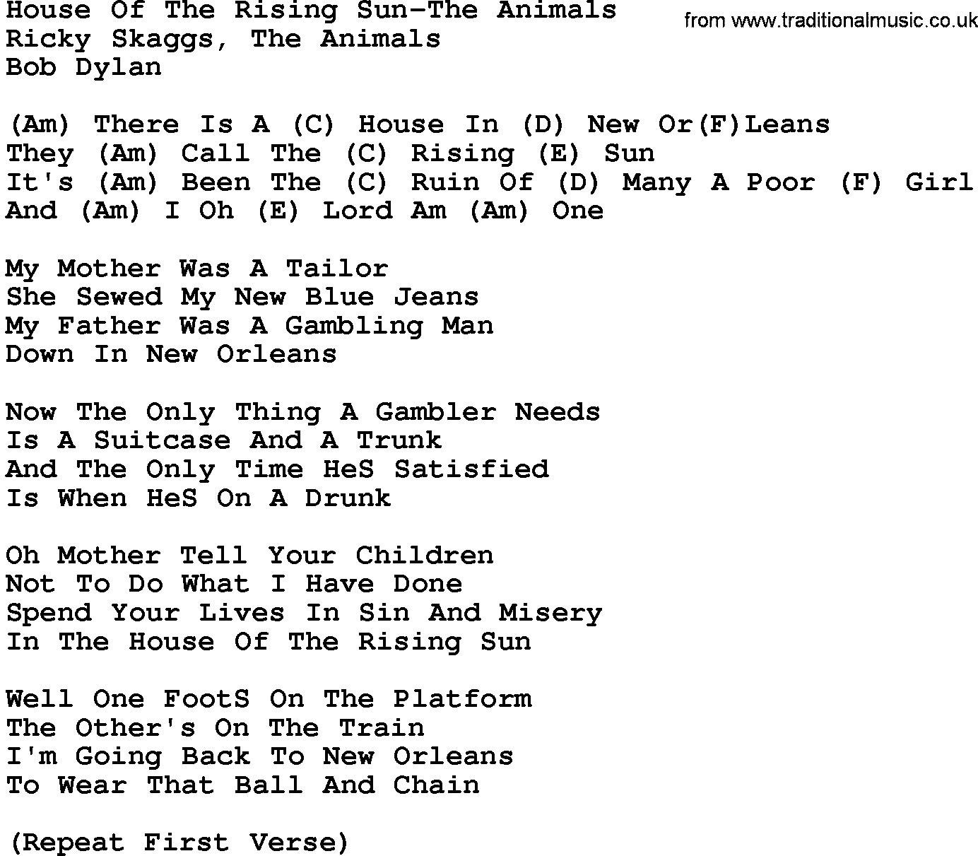 House Of The Rising Sun Chords Country Musichouse Of The Rising Sun The Animals Lyrics And Chords