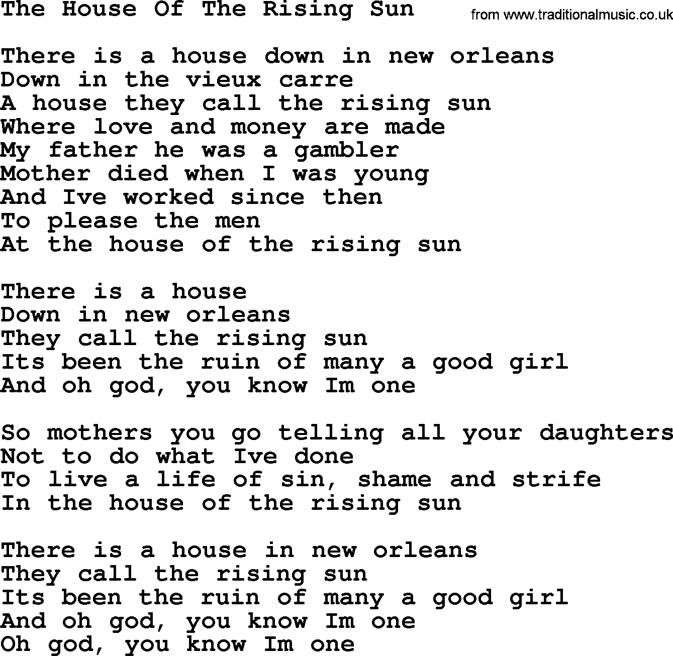 House Of The Rising Sun Chords Dolly Parton Song The House Of The Rising Sun Lyrics