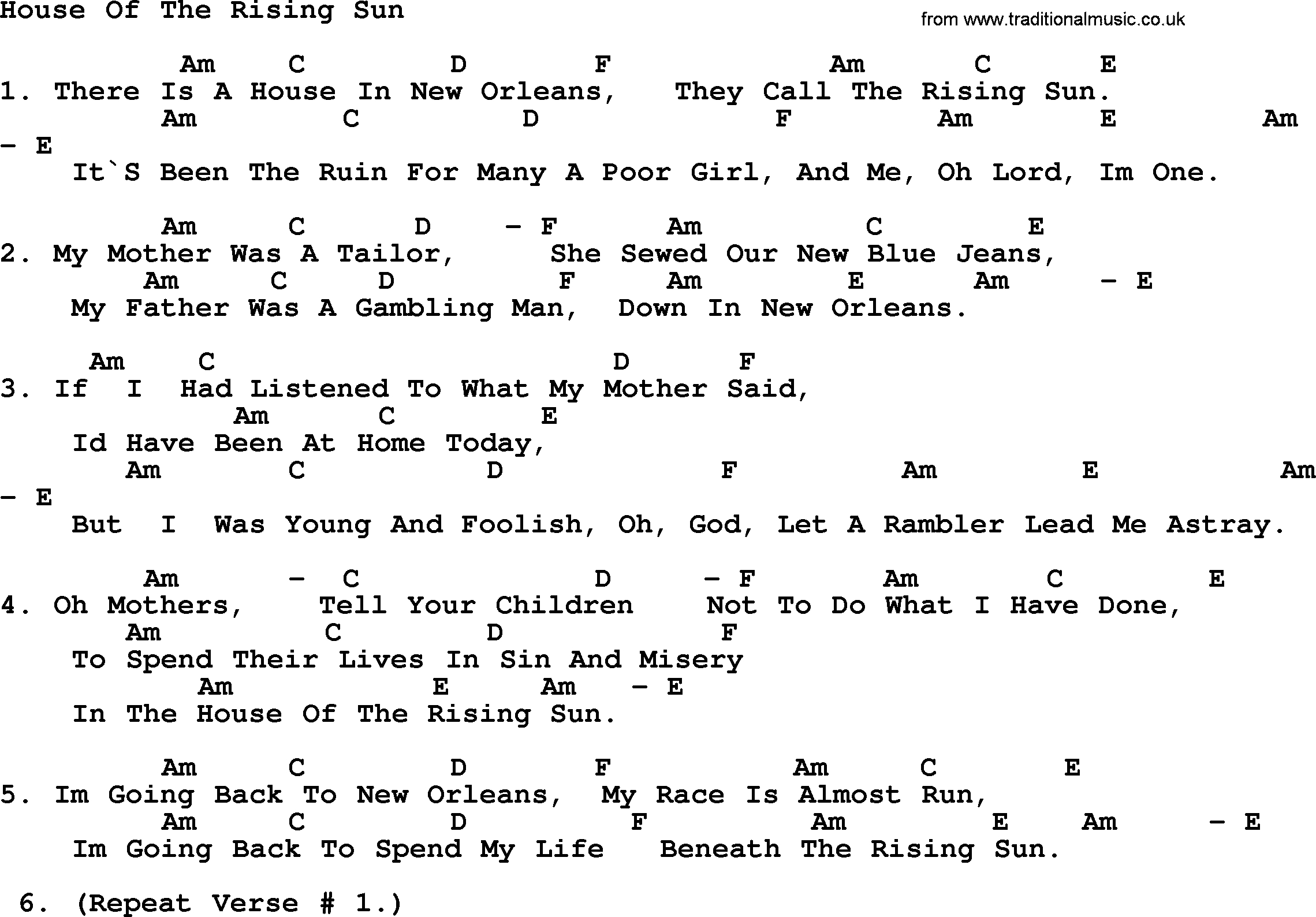 House Of The Rising Sun Chords Joan Baez Song House Of The Rising Sun Lyrics And Chords