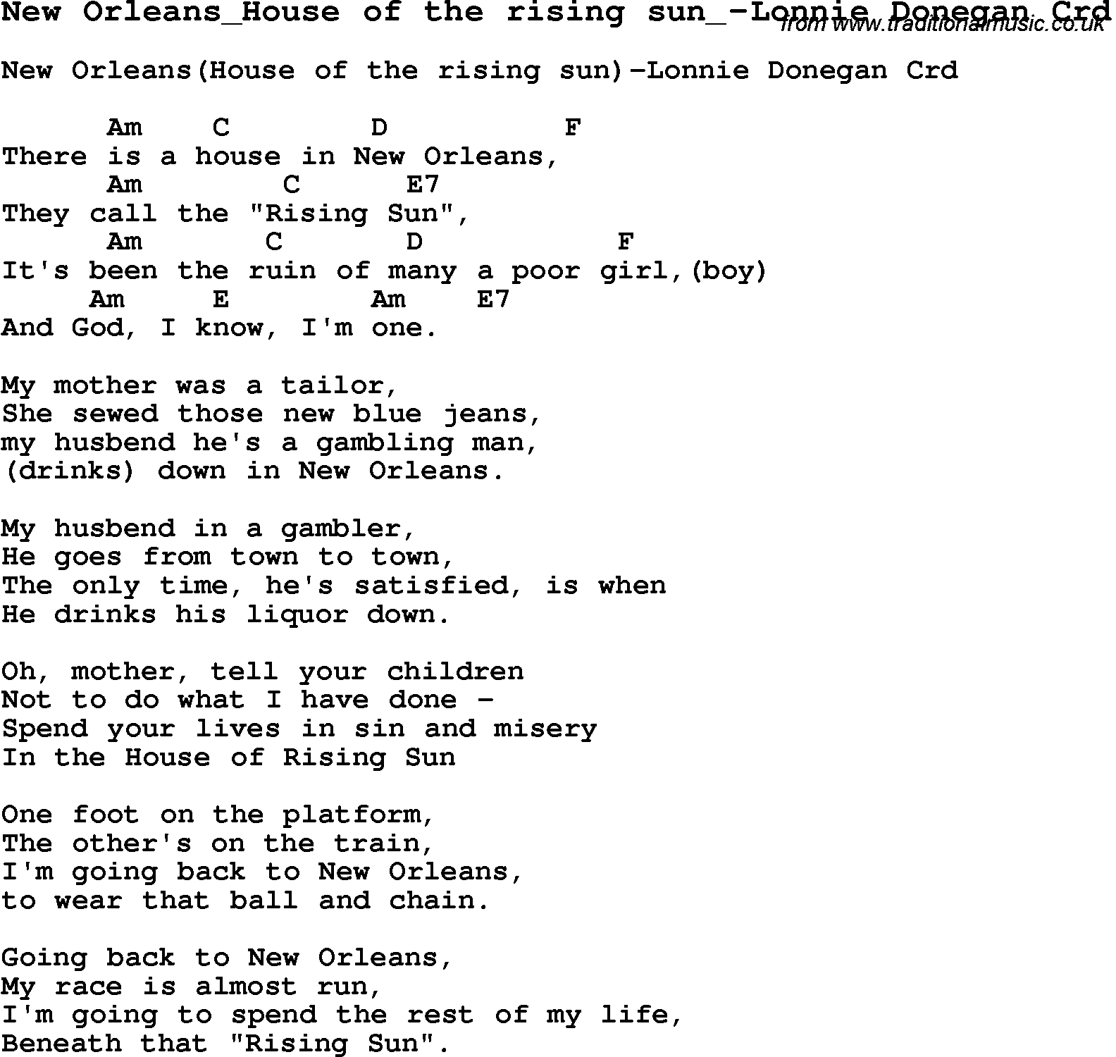 House Of The Rising Sun Chords Skiffle Lyrics For New Orleans House Of The Rising Sun Lonnie
