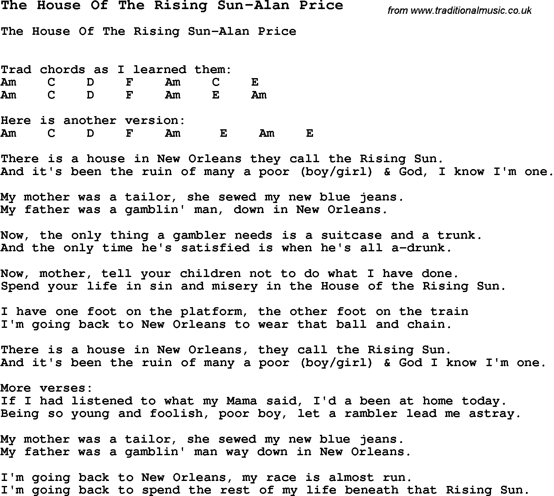 House Of The Rising Sun Chords Summer Camp Song The House Of The Rising Sun Alan Price With