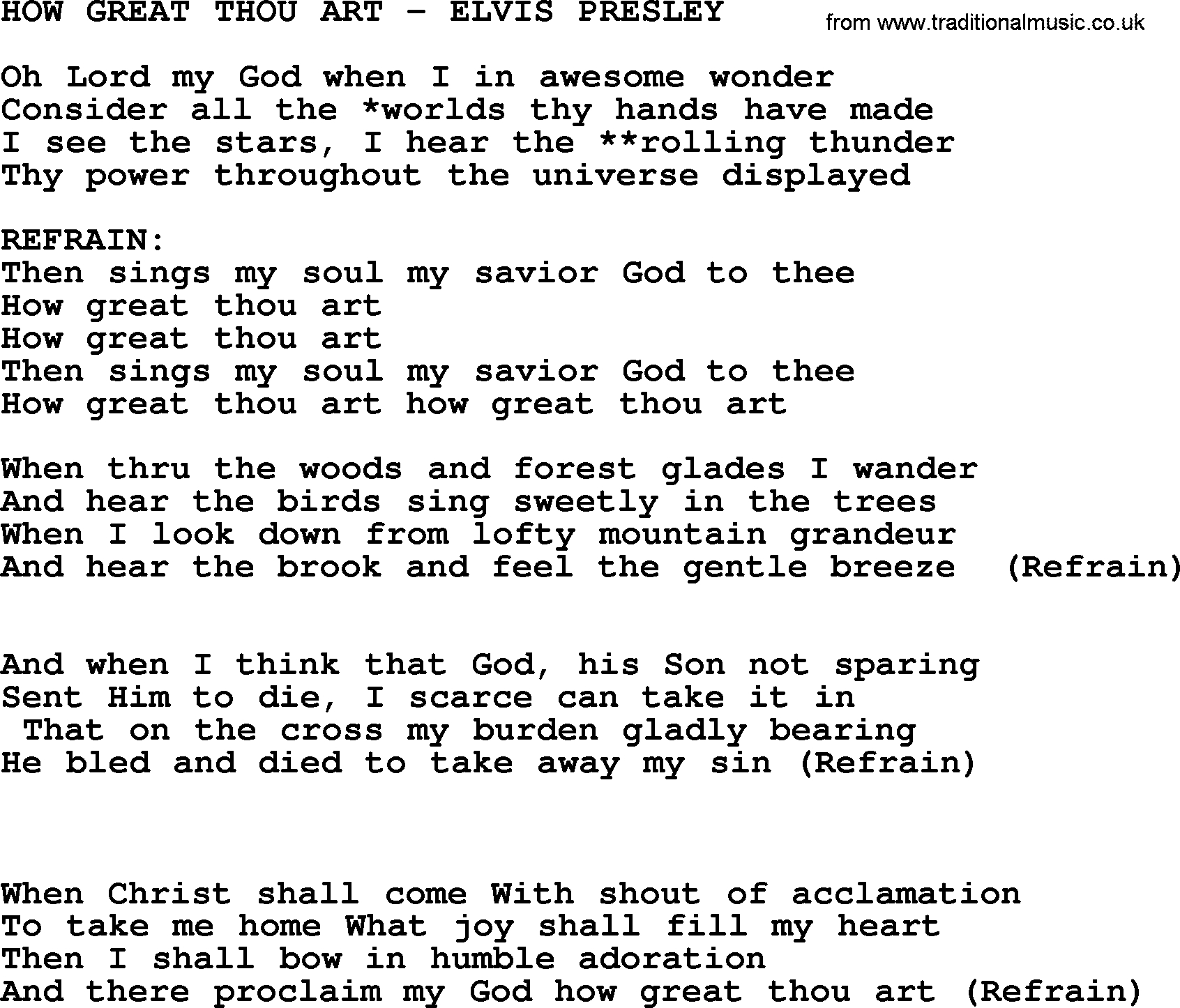 How Great Thou Art Chords How Great Thou Art Elvis Presley Txt Elvis Presley Lyrics And