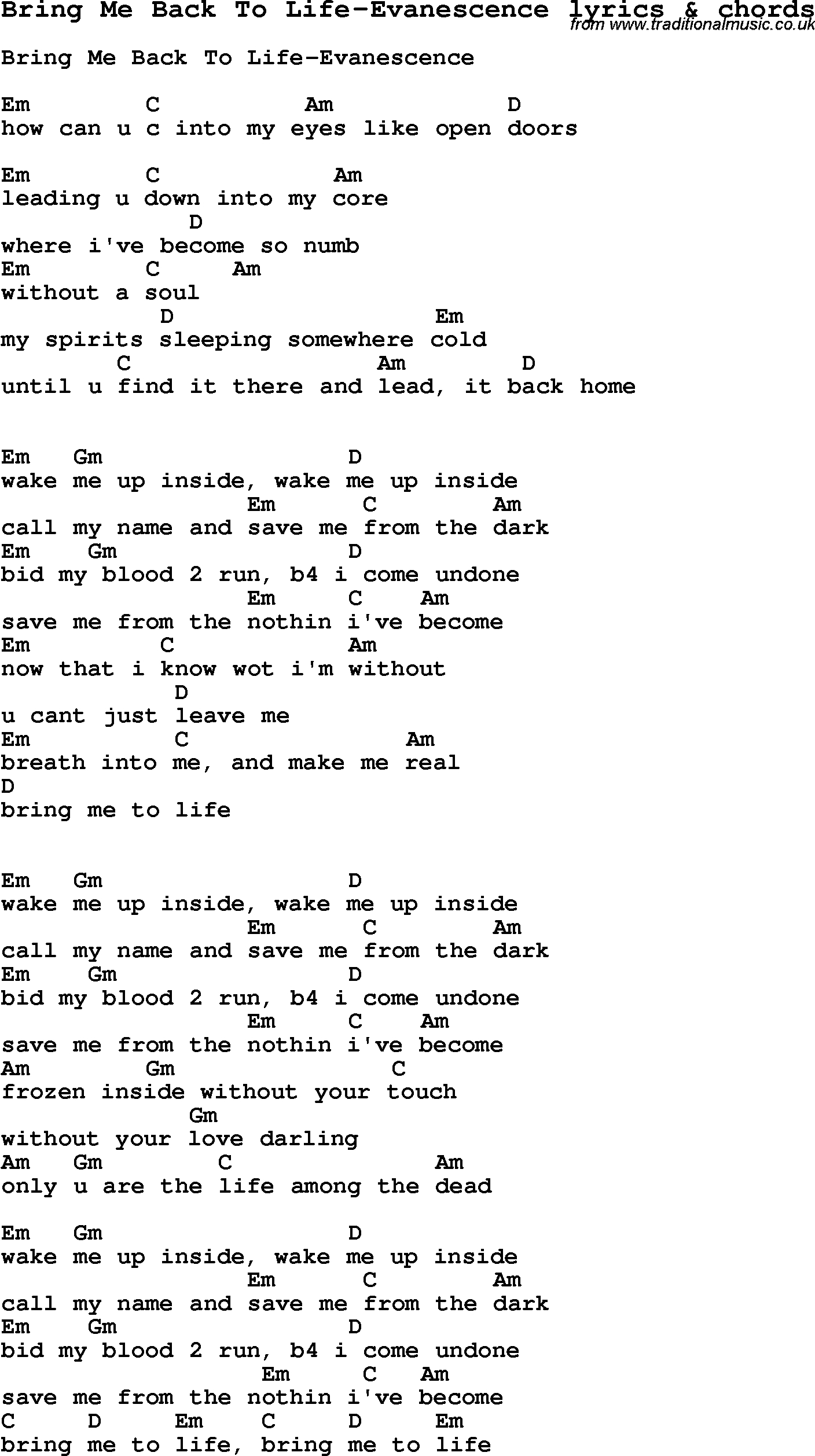 How To Save A Life Chords Love Song Lyrics Forbring Me Back To Life Evanescence With Chords