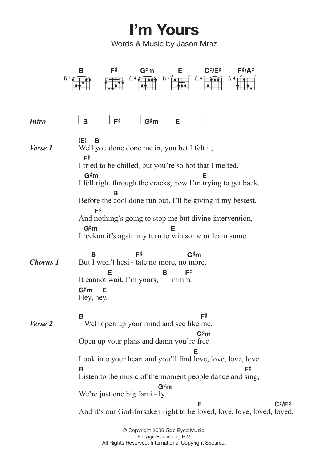 I M Yours Chords Im Yours Jason Mraz Piano Vocal Guitar Right Hand Melody Digital Sheet Music