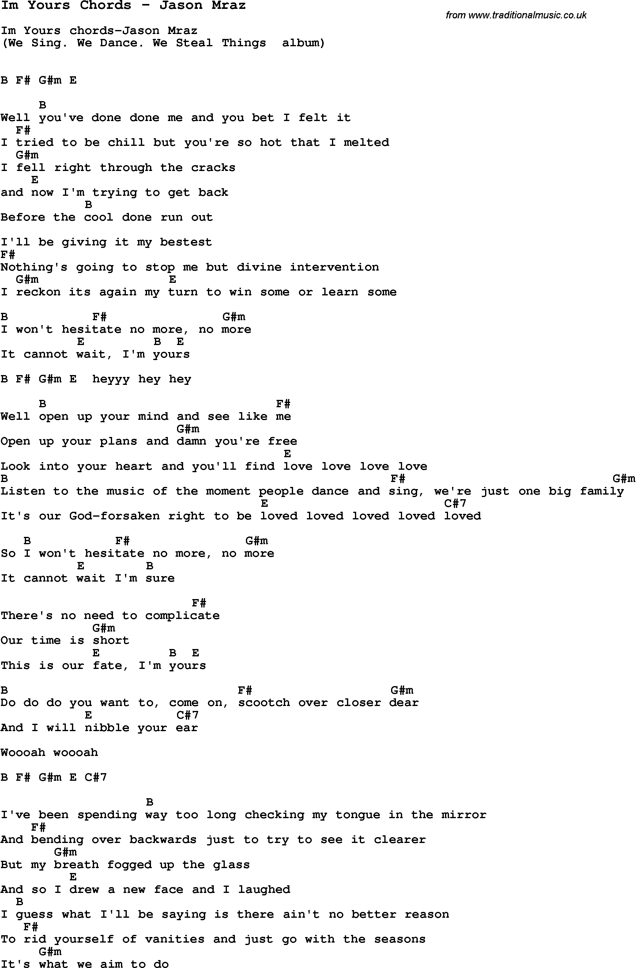 I M Yours Chords Song Im Yours Chords Jason Mraz Song Lyric For Vocal Performance