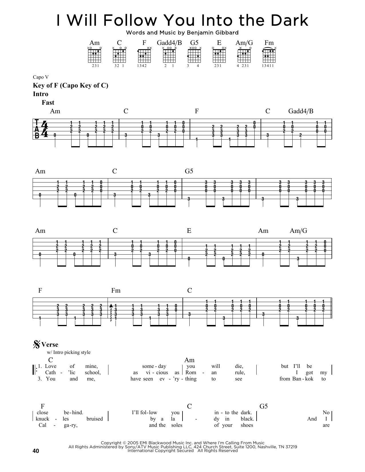 I Will Follow You Into The Dark Chords I Will Follow You Into The Dark Death Cab For Cutie Piano Vocal Guitar Right Hand Melody Digital Sheet Music