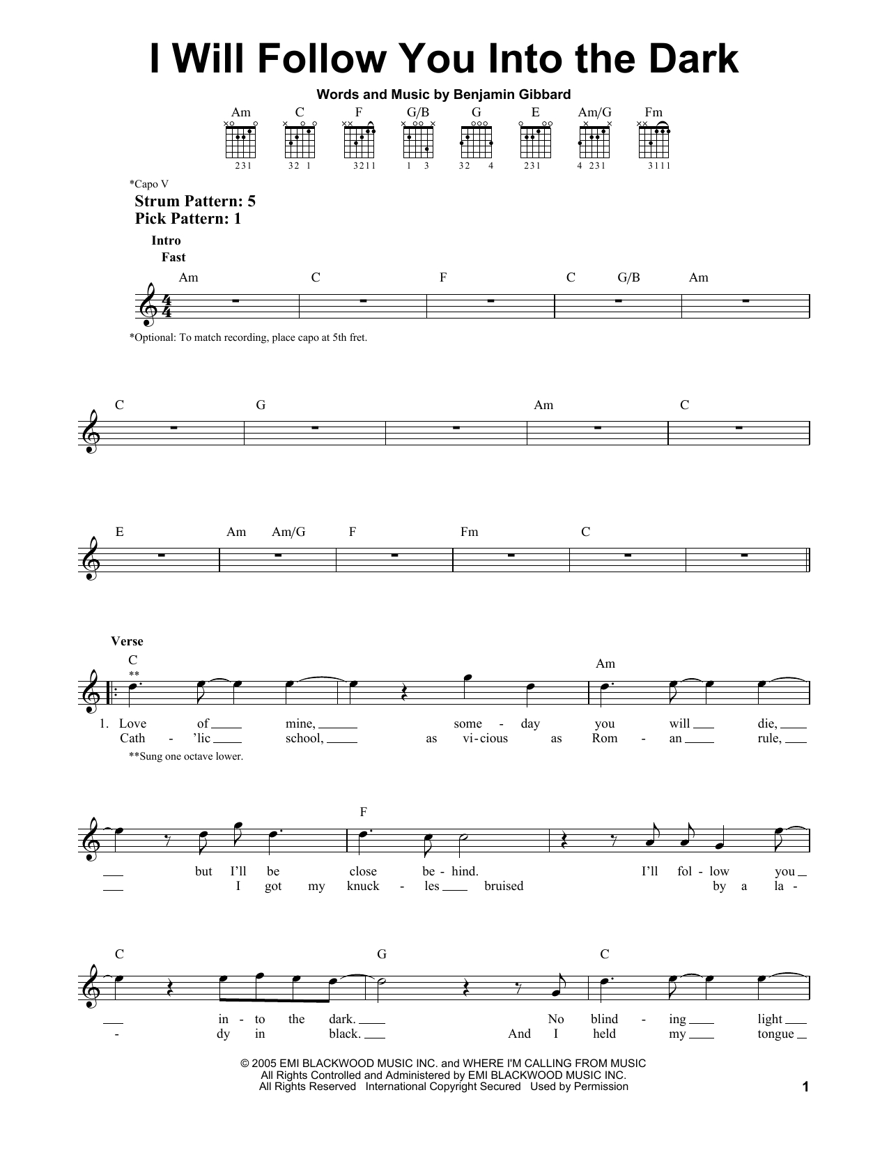 I Will Follow You Into The Dark Chords Sheet Music Digital Files To Print Licensed Death Cab For Cutie