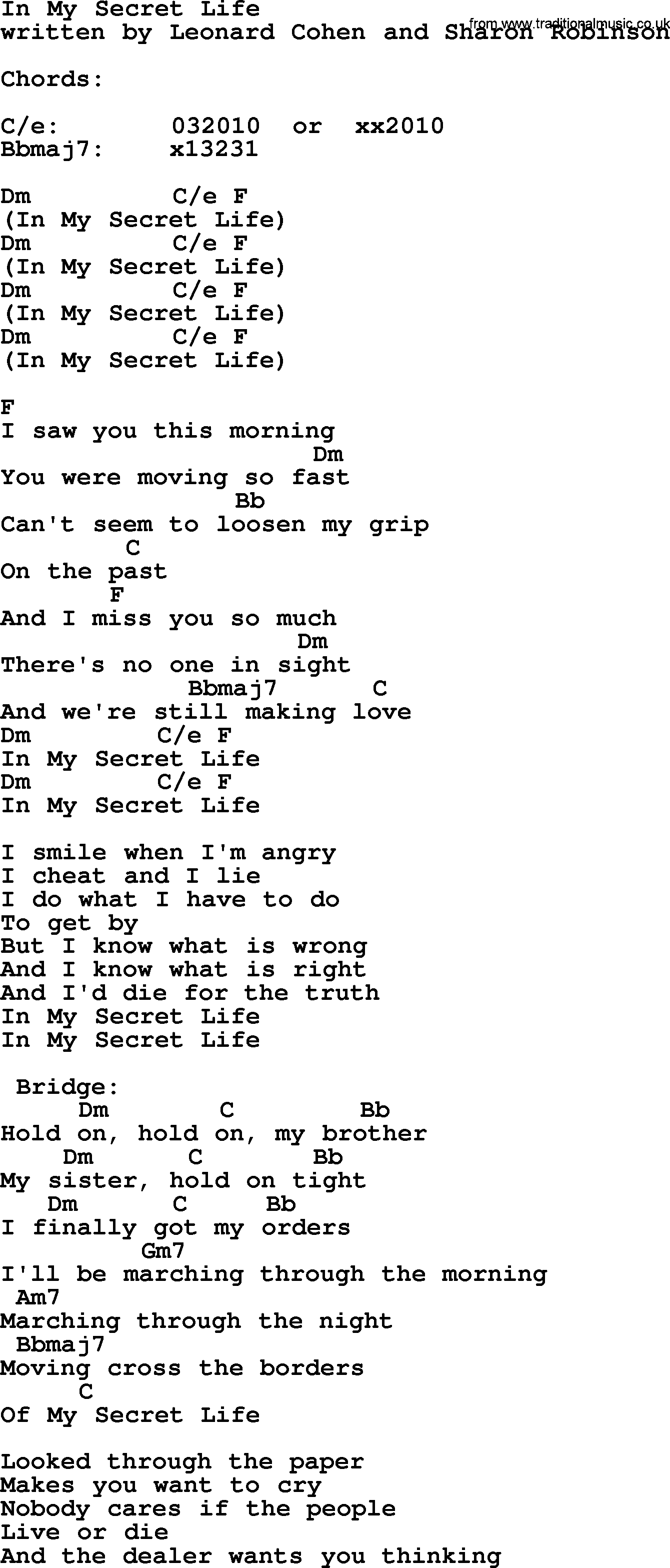 In My Life Chords Leonard Cohen Song In My Secret Life Lyrics And Chords