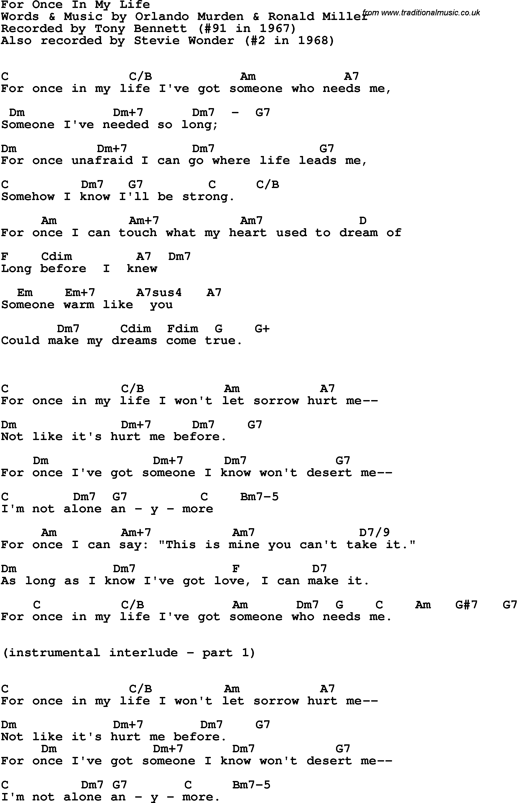 In My Life Chords Song Lyrics With Guitar Chords For For Once In My Life Tony