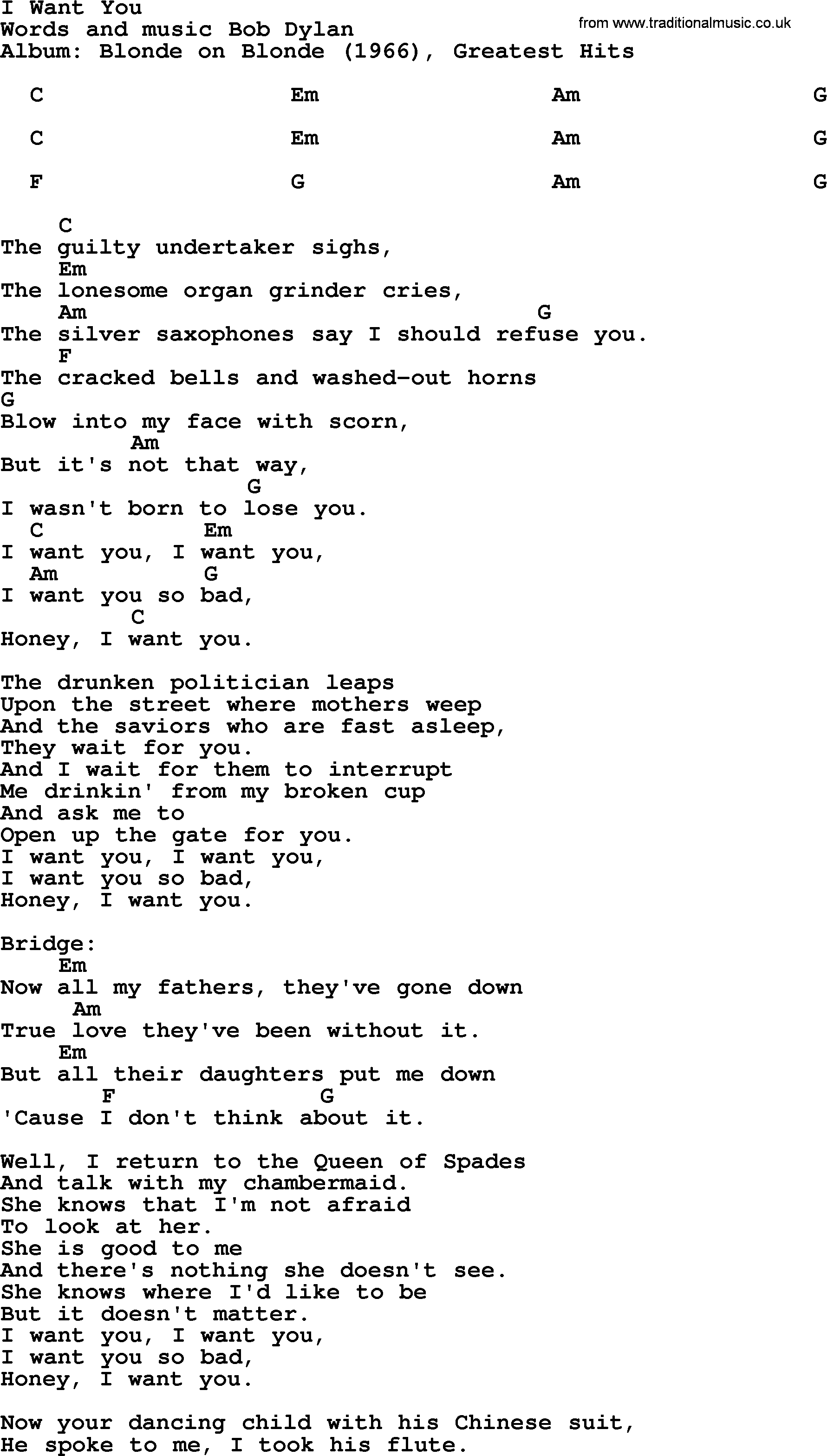 Into You Chords Bob Dylan Song I Want You Lyrics And Chords