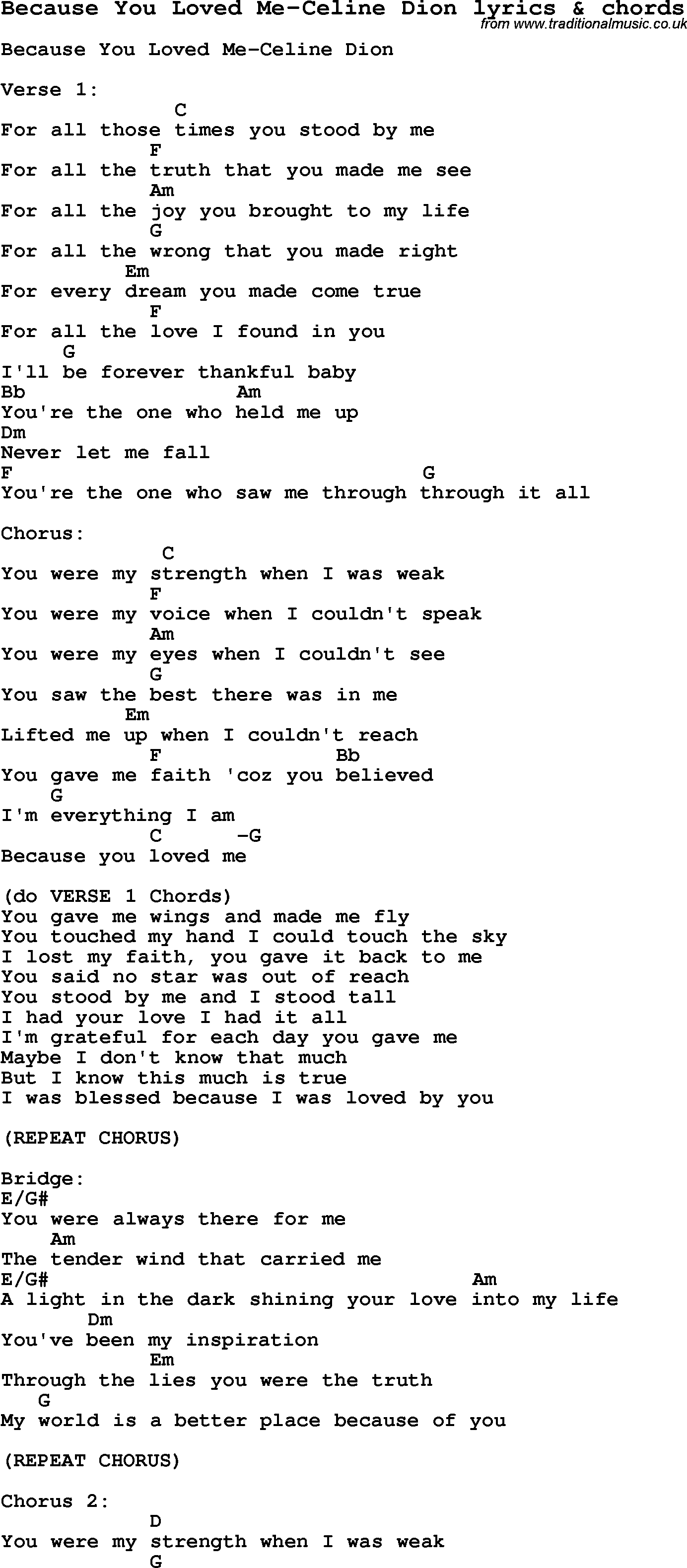 Into You Chords Love Song Lyrics Forbecause You Loved Me Celine Dion With Chords