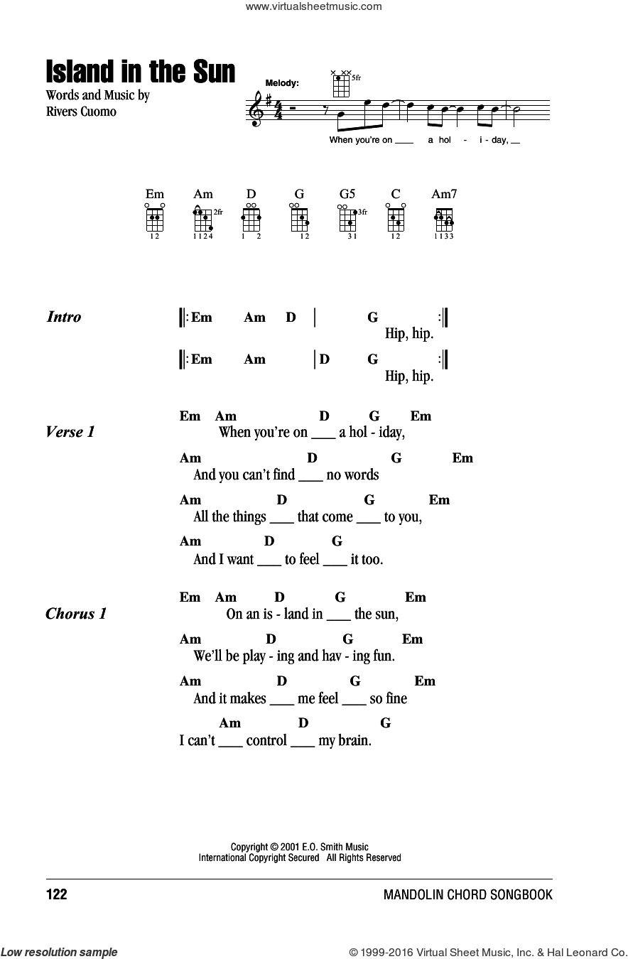 Island In The Sun Chords Weezer Island In The Sun Sheet Music For Mandolin Chords Only