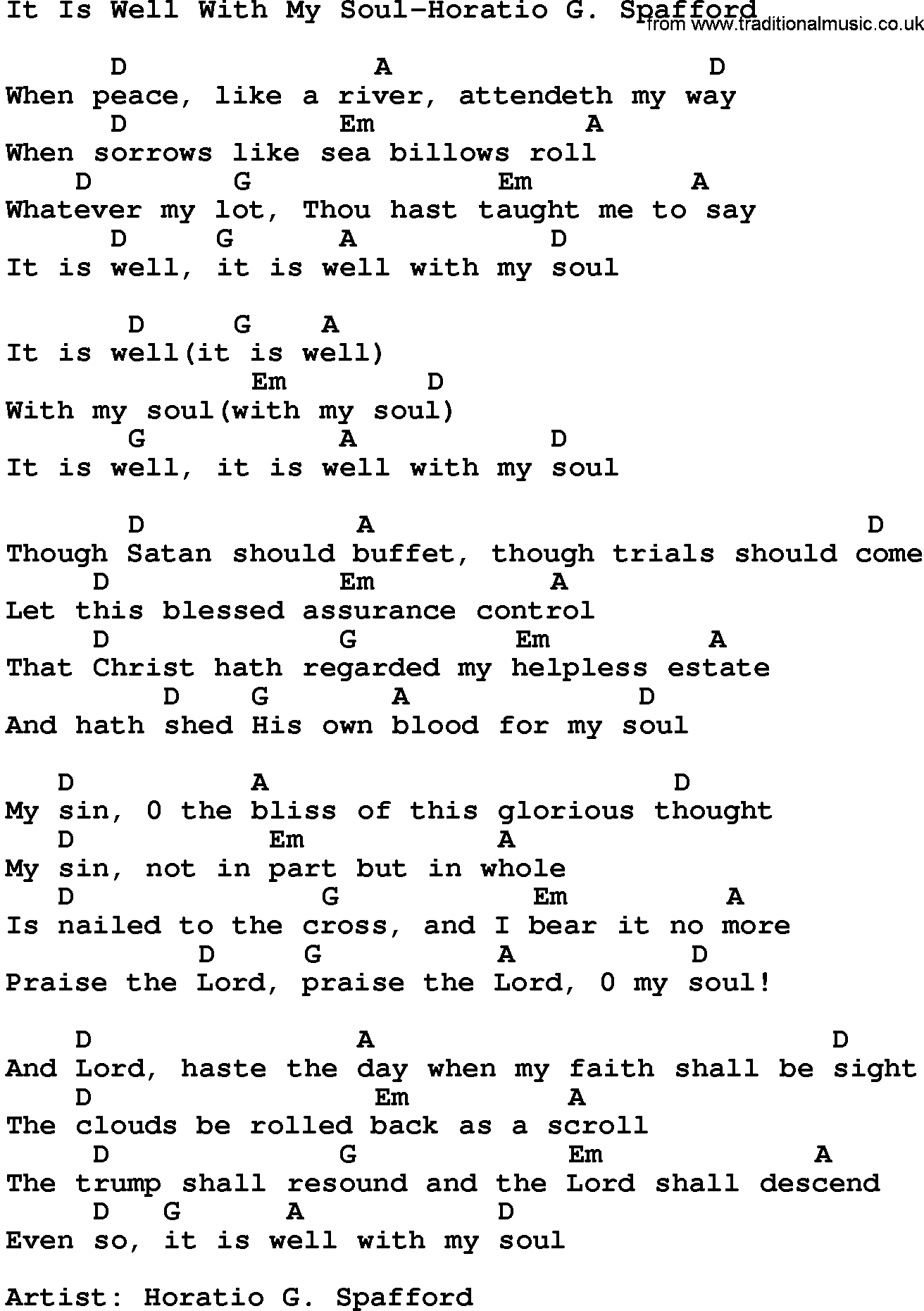It Is Well Chords Gospel Song It Is Well With My Soul Horatio G Spafford Lyrics And