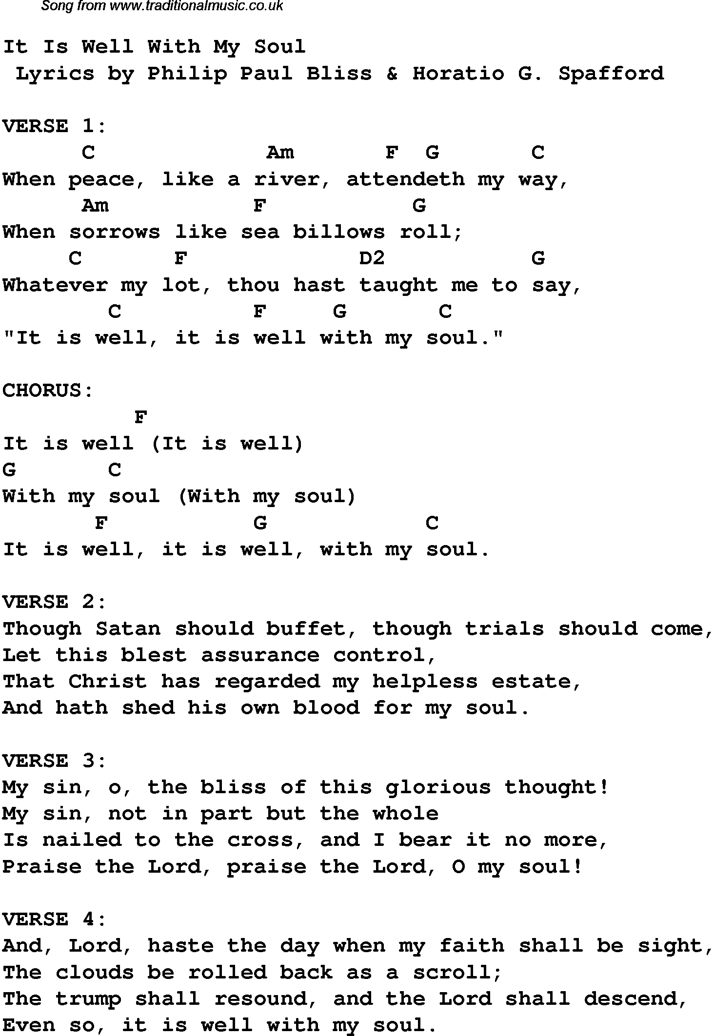 It Is Well Chords It Is Well With My Soul Christian Gospel Song Lyrics And Chords