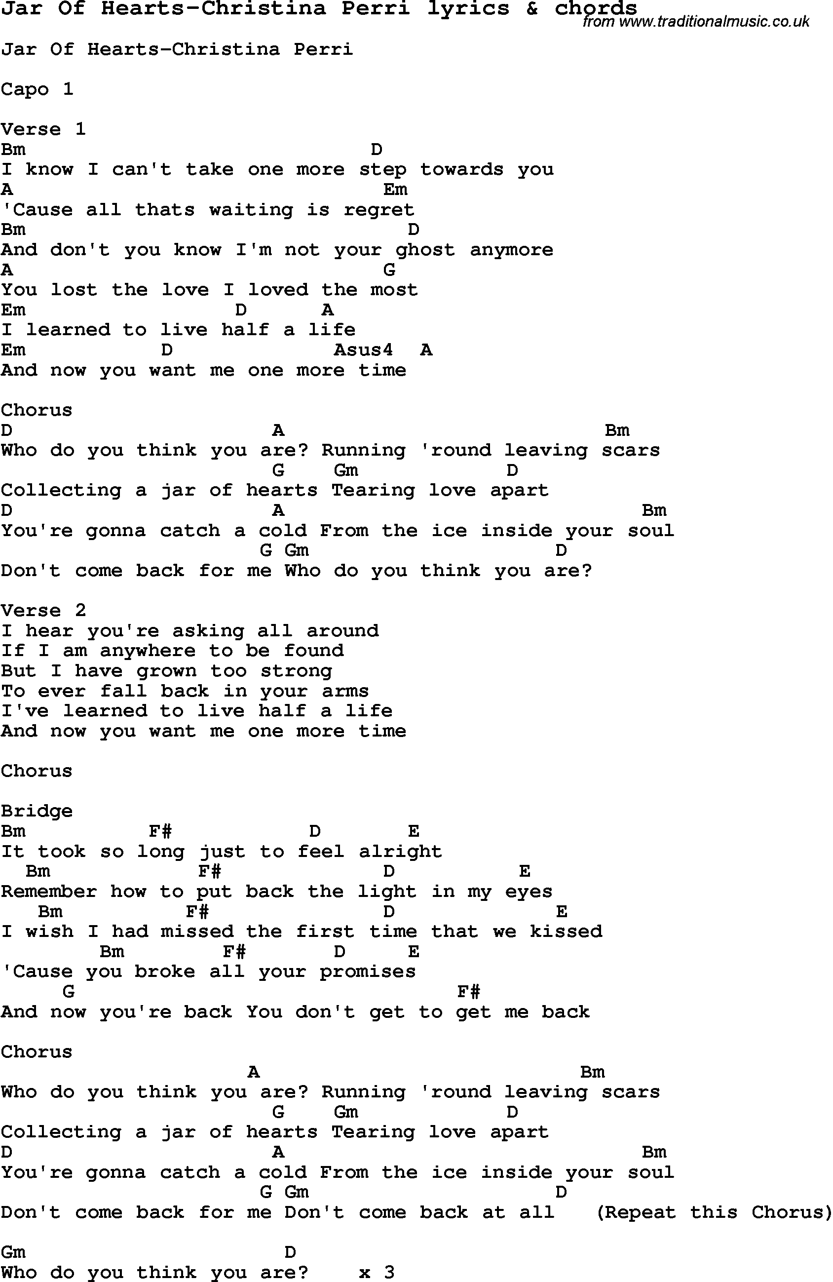 Jar Of Hearts Chords Love Song Lyrics Forjar Of Hearts Christina Perri With Chords